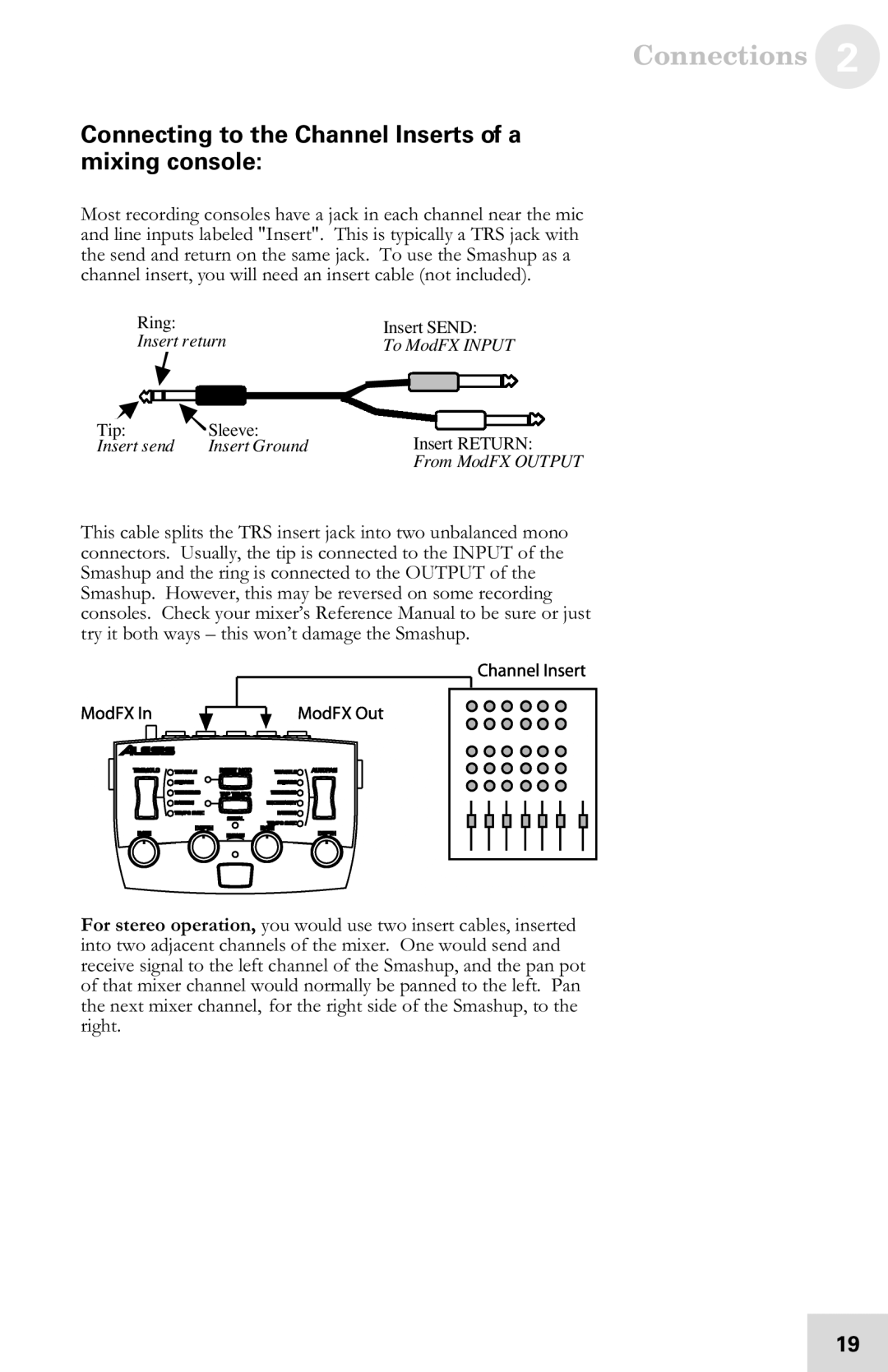 Alesis 7-51-0121-A manual Connecting to the Channel Inserts of a mixing console 