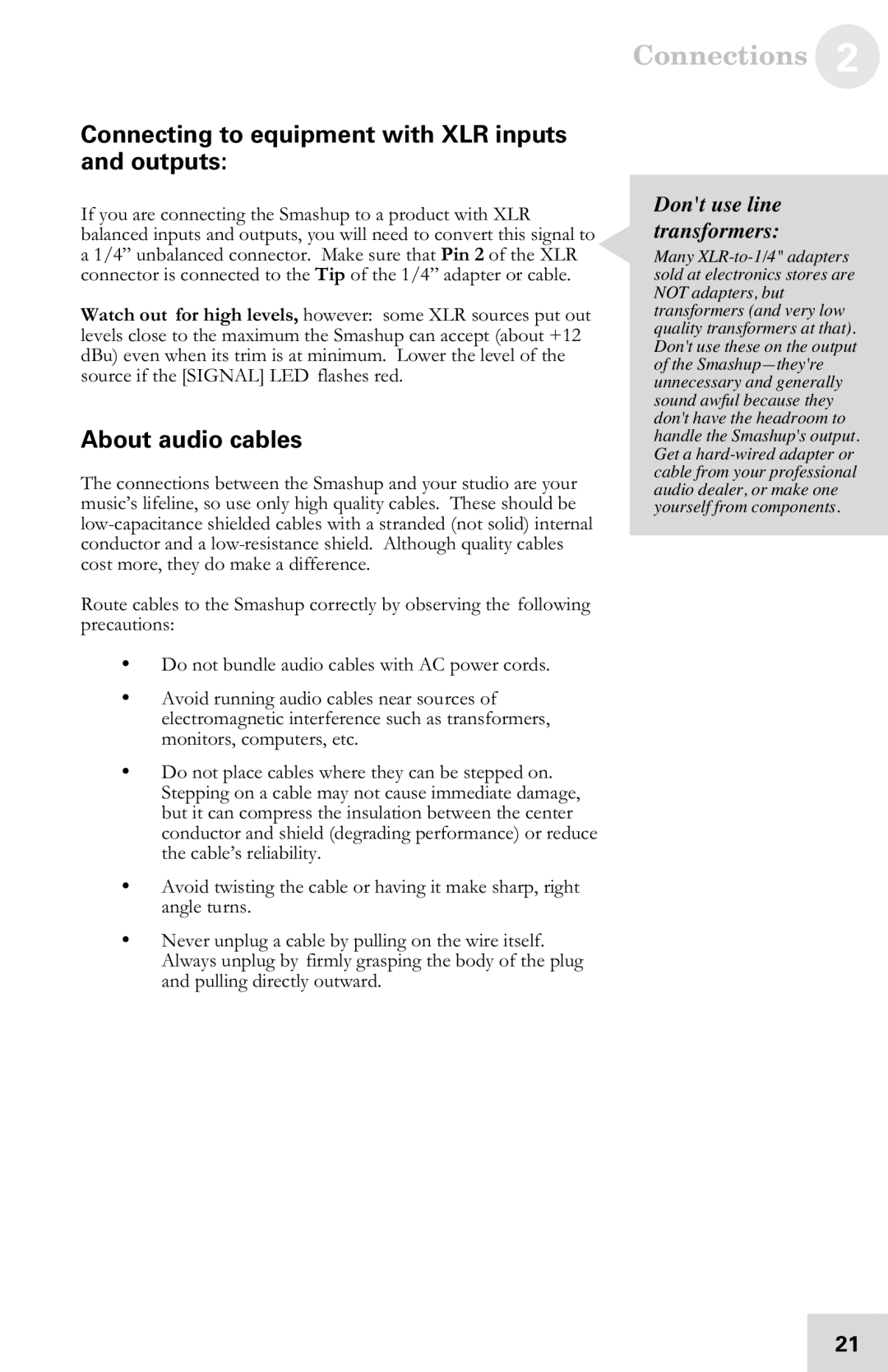 Alesis 7-51-0121-A Connecting to equipment with XLR inputs and outputs, About audio cables, Dont use line transformers 