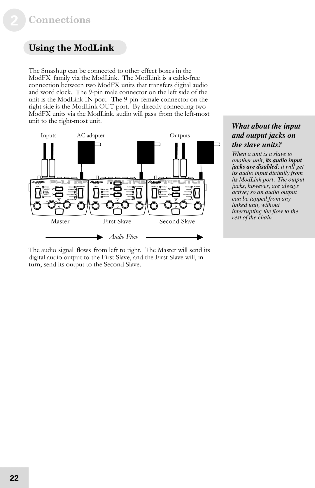 Alesis 7-51-0121-A manual Using the ModLink, What about the input and output jacks on the slave units? 