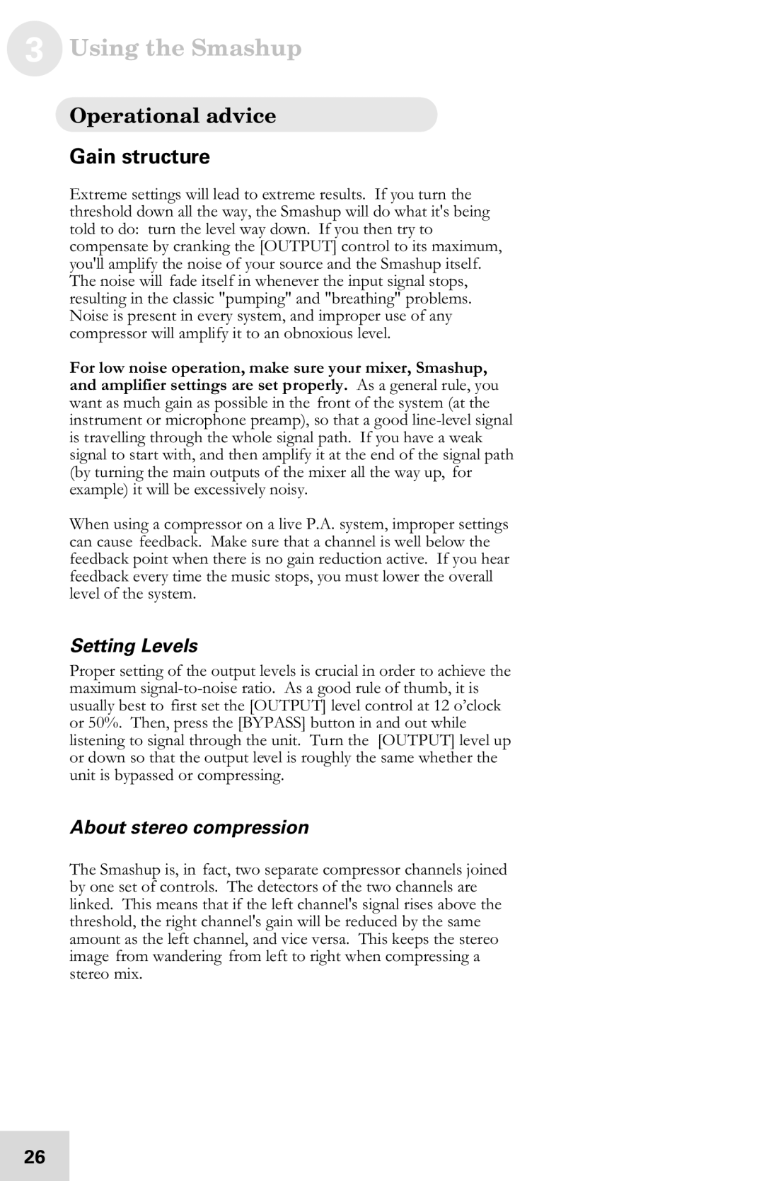 Alesis 7-51-0121-A manual Operational advice, Gain structure, Setting Levels, About stereo compression 