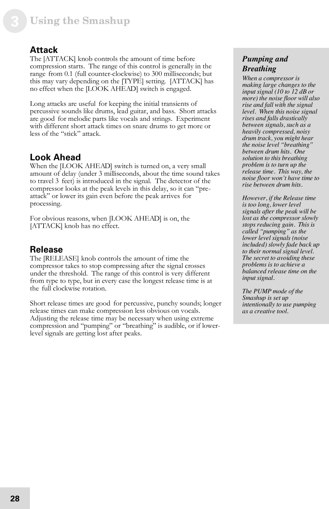 Alesis 7-51-0121-A manual Attack, Look Ahead, Release, Pumping Breathing 