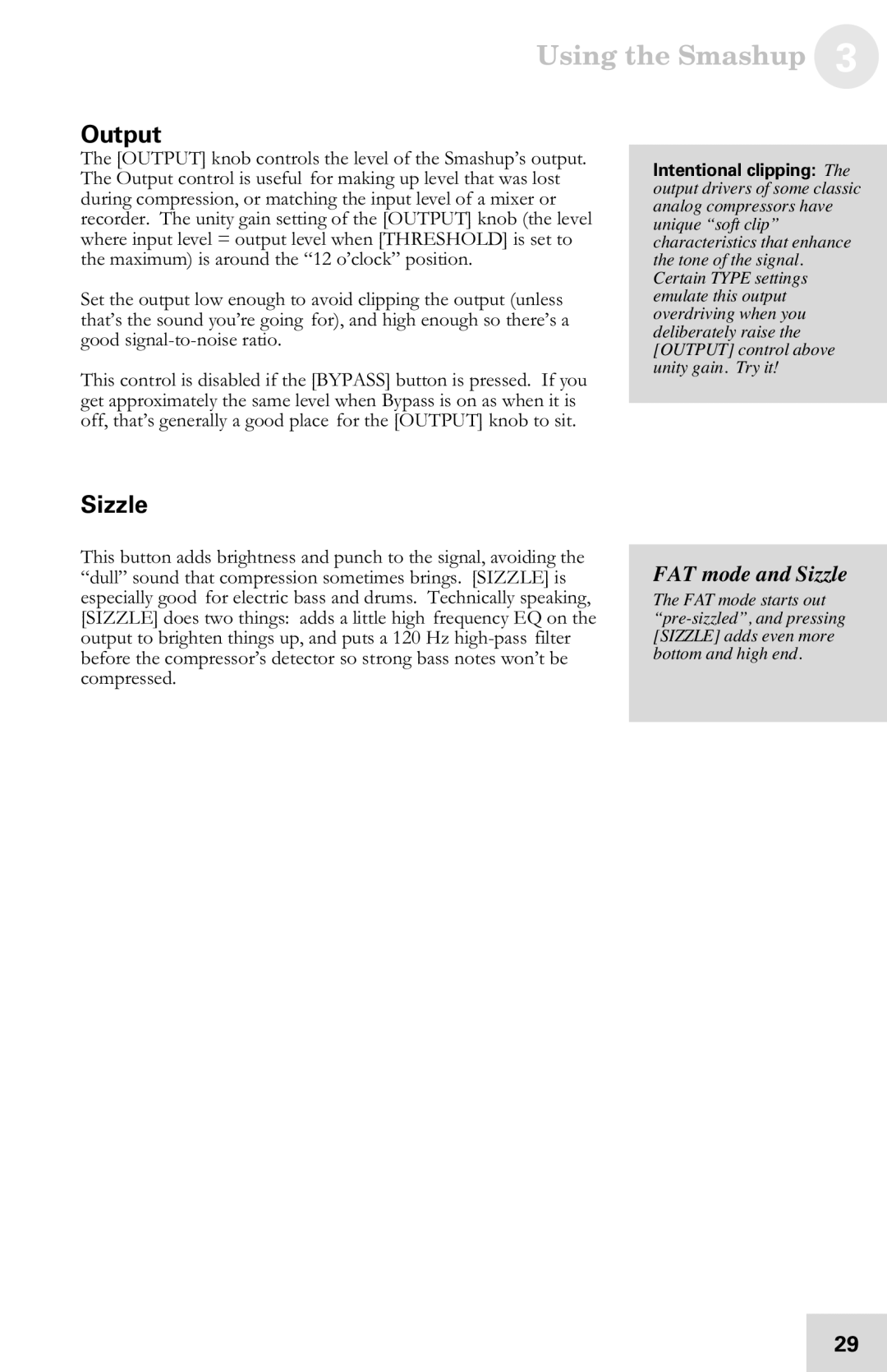 Alesis 7-51-0121-A manual Output, FAT mode and Sizzle 