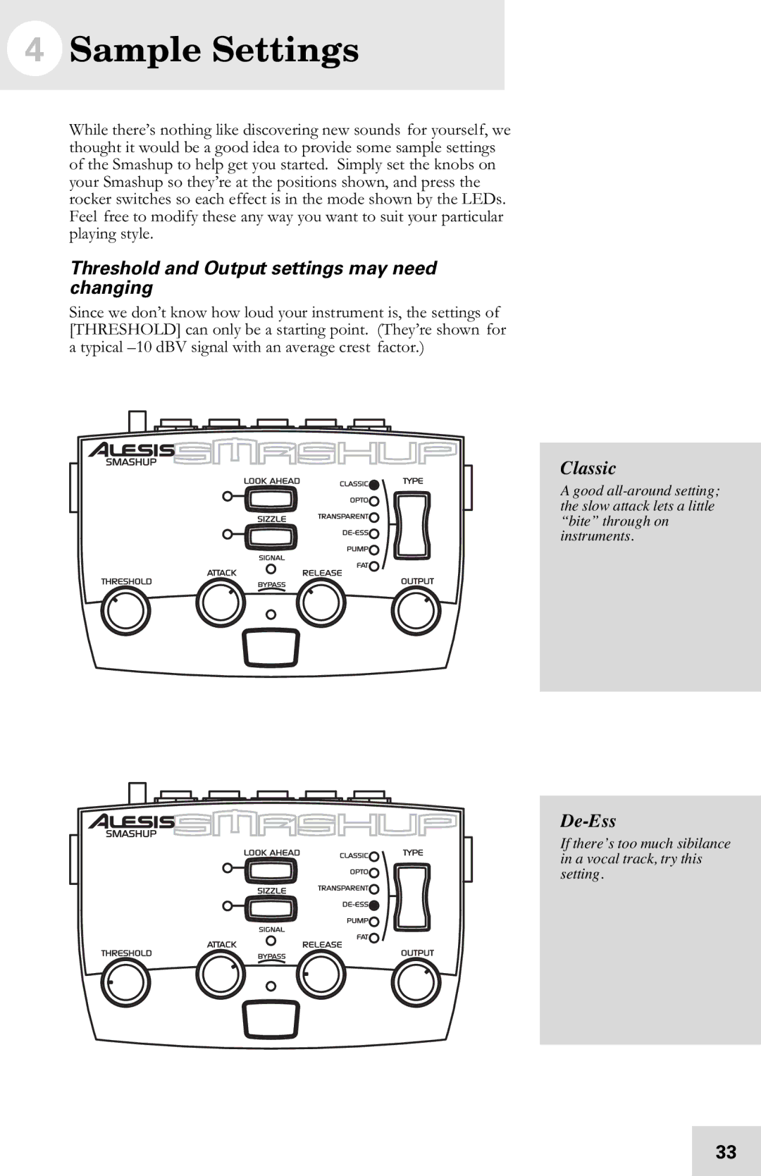 Alesis 7-51-0121-A manual Sample Settings, Threshold and Output settings may need changing, Classic, De-Ess 