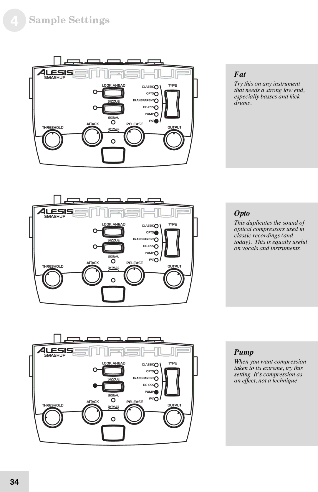 Alesis 7-51-0121-A manual Sample Settings, Fat, Opto, Pump 