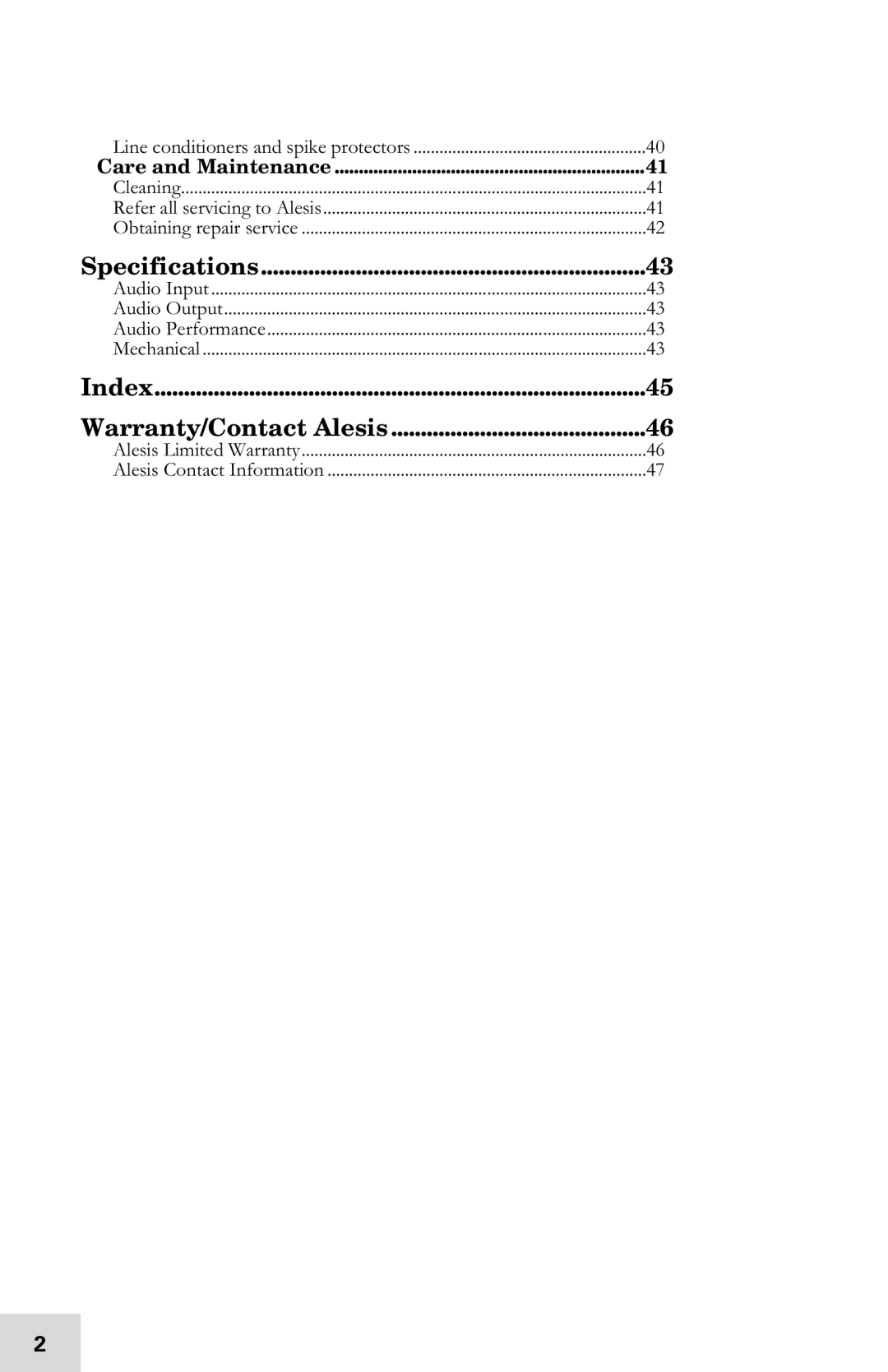 Alesis 7-51-0121-A manual Table Of Contents 