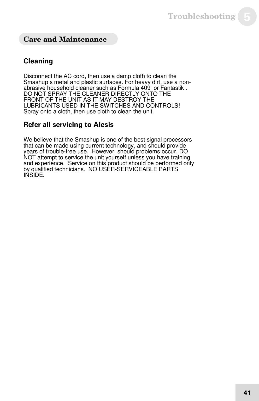 Alesis 7-51-0121-A manual Care and Maintenance, Cleaning, Refer all servicing to Alesis 