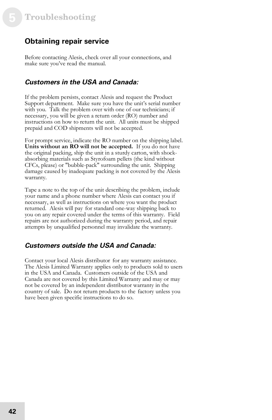 Alesis 7-51-0121-A manual Obtaining repair service, Customers in the USA and Canada, Customers outside the USA and Canada 