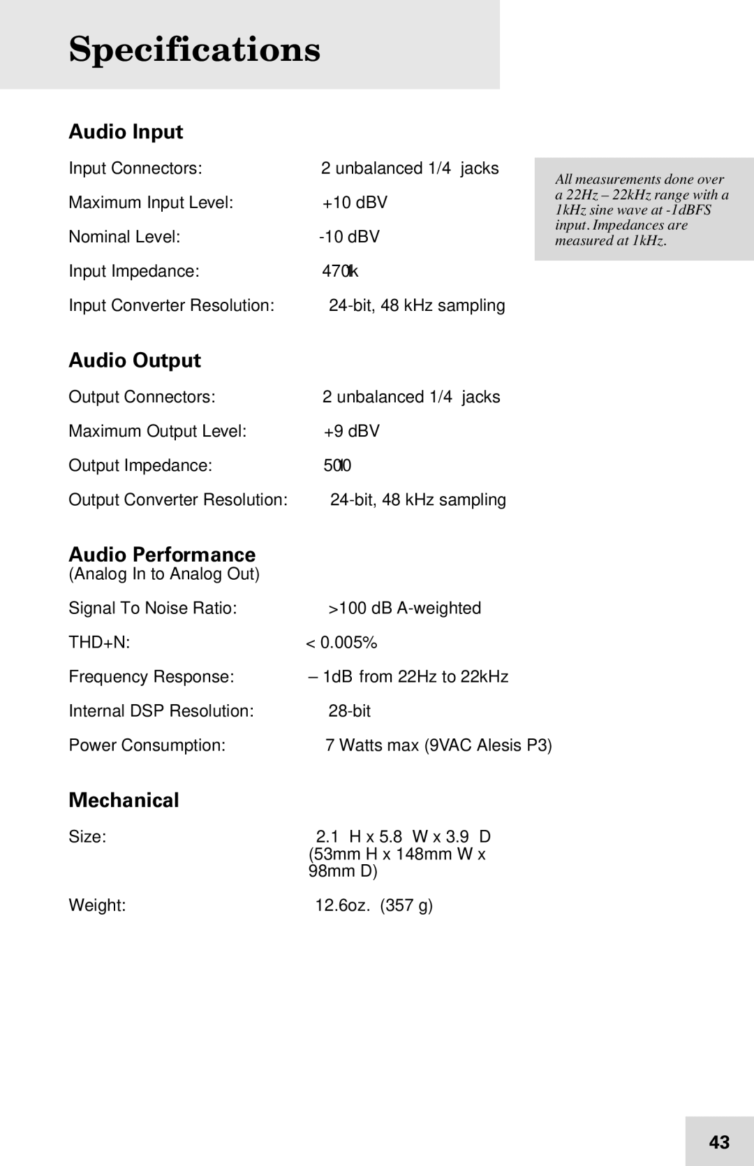 Alesis 7-51-0121-A manual Specifications, Audio Input, Audio Output, Mechanical 