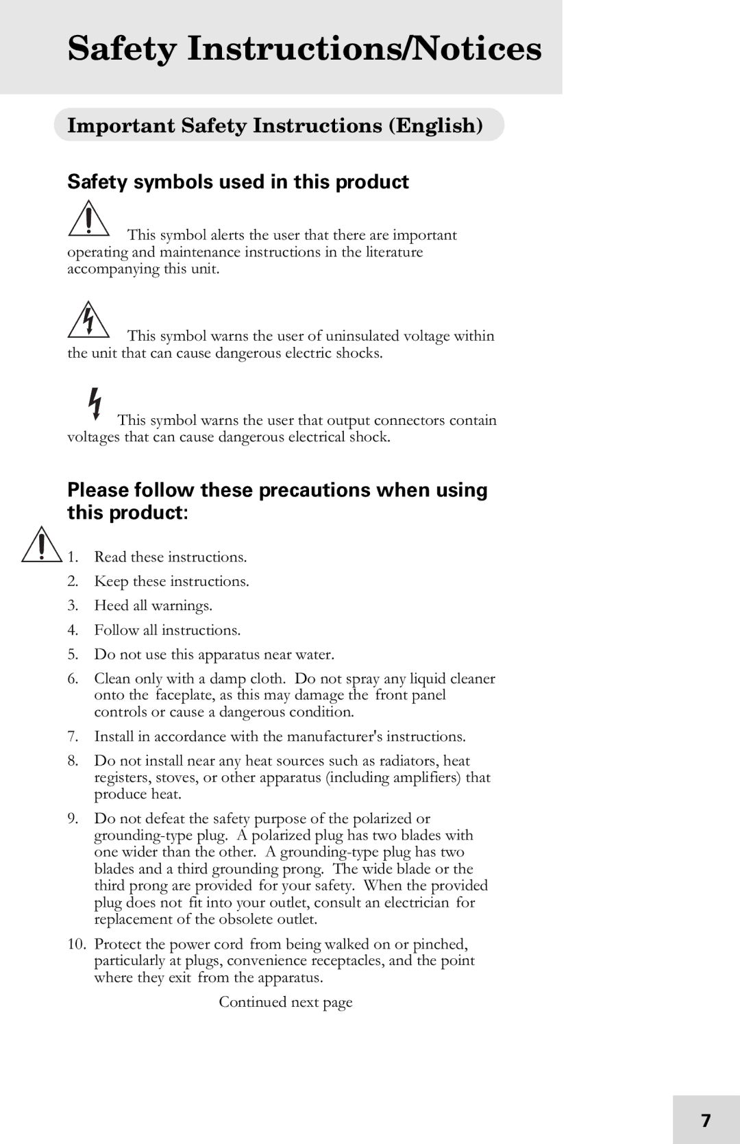 Alesis 7-51-0121-A Safety Instructions/Notices, Important Safety Instructions English, Safety symbols used in this product 