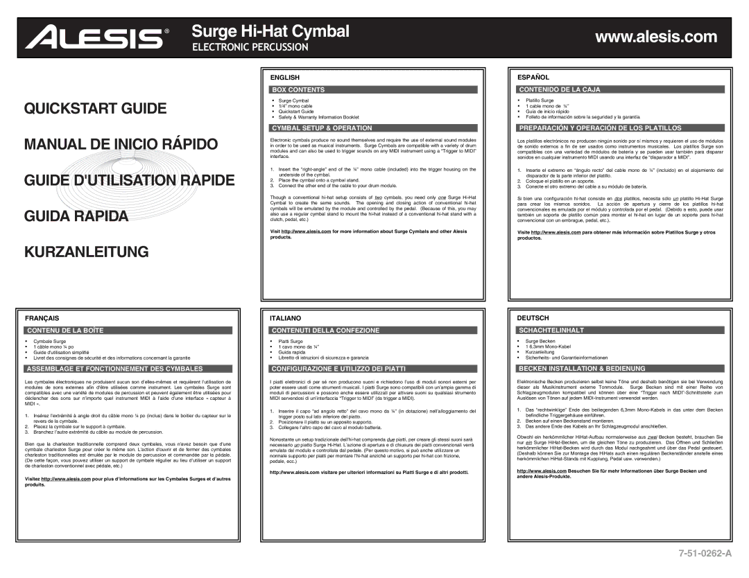 Alesis 7-51-0262-A quick start Surge Hi-Hat Cymbal, Kurzanleitung 