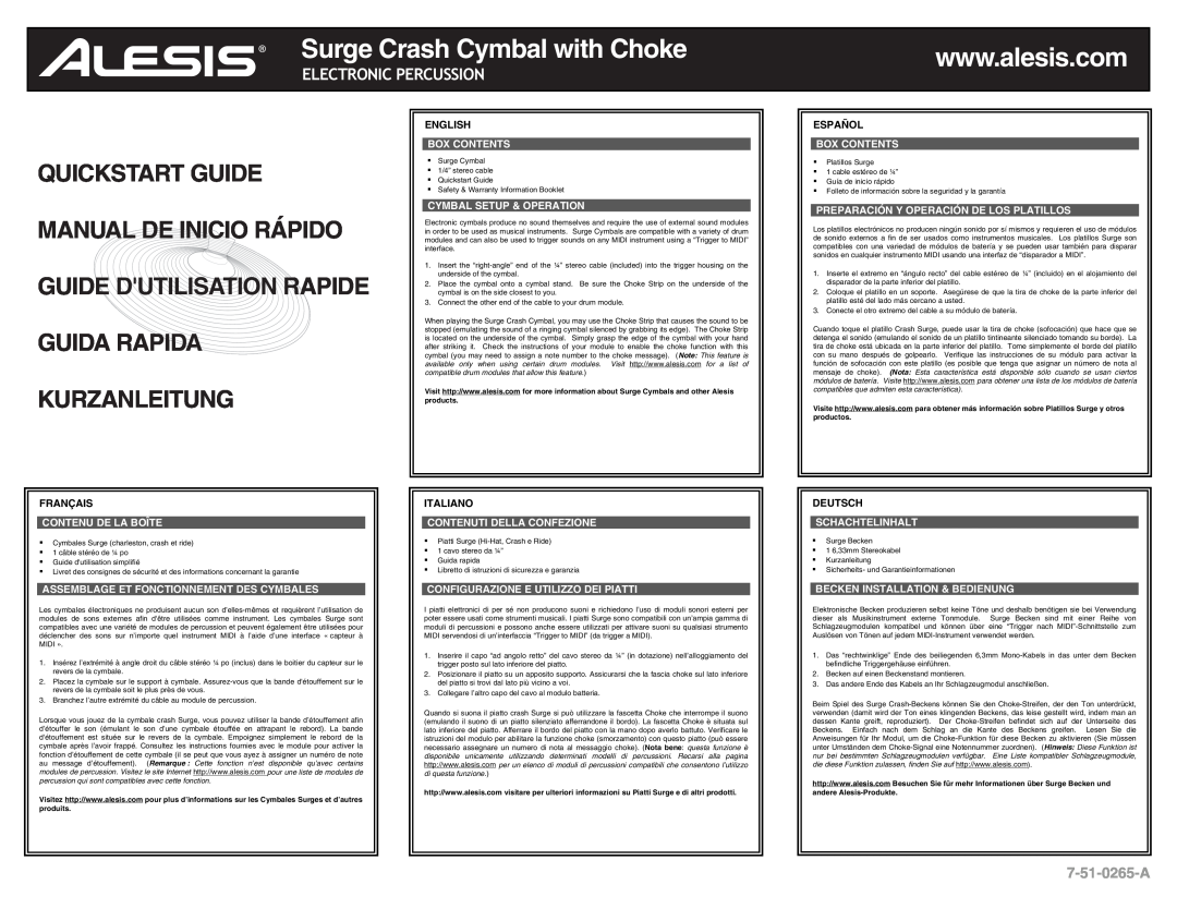 Alesis 7-51-0265-A quick start Surge Crash Cymbal with Choke, Quickstart Guide, Kurzanleitung, Electronic Percussion 