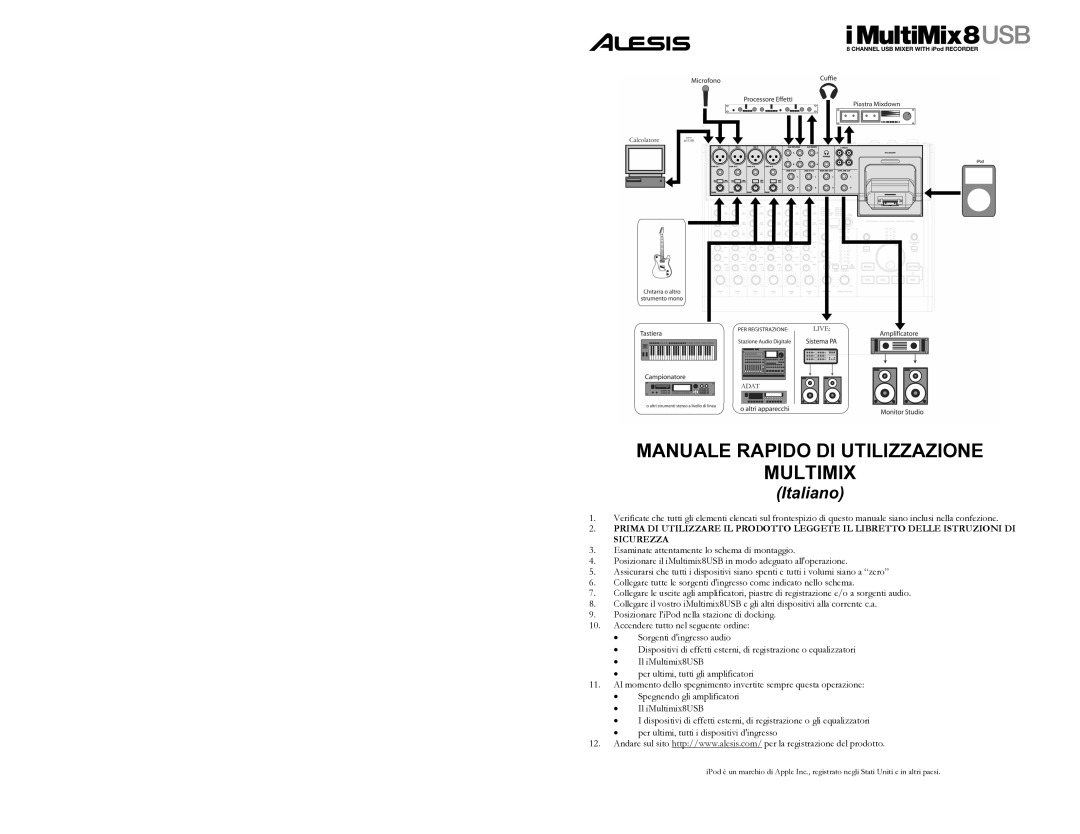 Alesis 8 quick start Manuale Rapido DI Utilizzazione Multimix, Italiano 