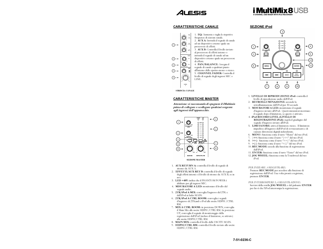 Alesis 8 quick start Caratteristiche Canale, Caratteristiche Master, Sezione iPod, 51-0236-C 