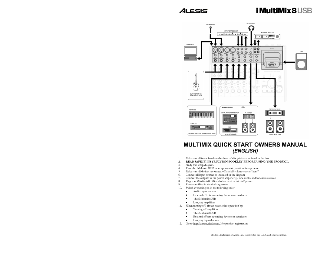 Alesis 8 quick start English, Read Safety Instruction Booklet Before Using the Product 