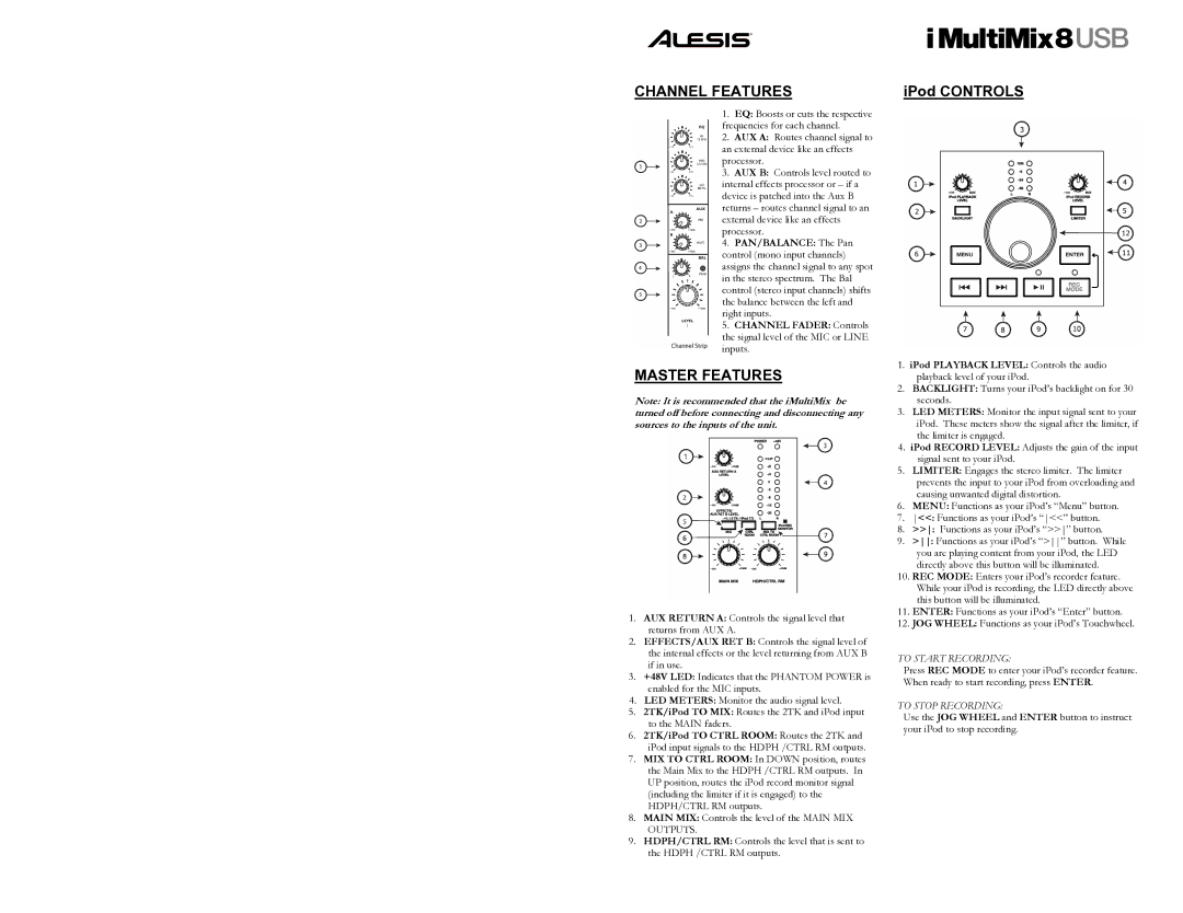 Alesis 8 quick start To Start Recording, To Stop Recording 