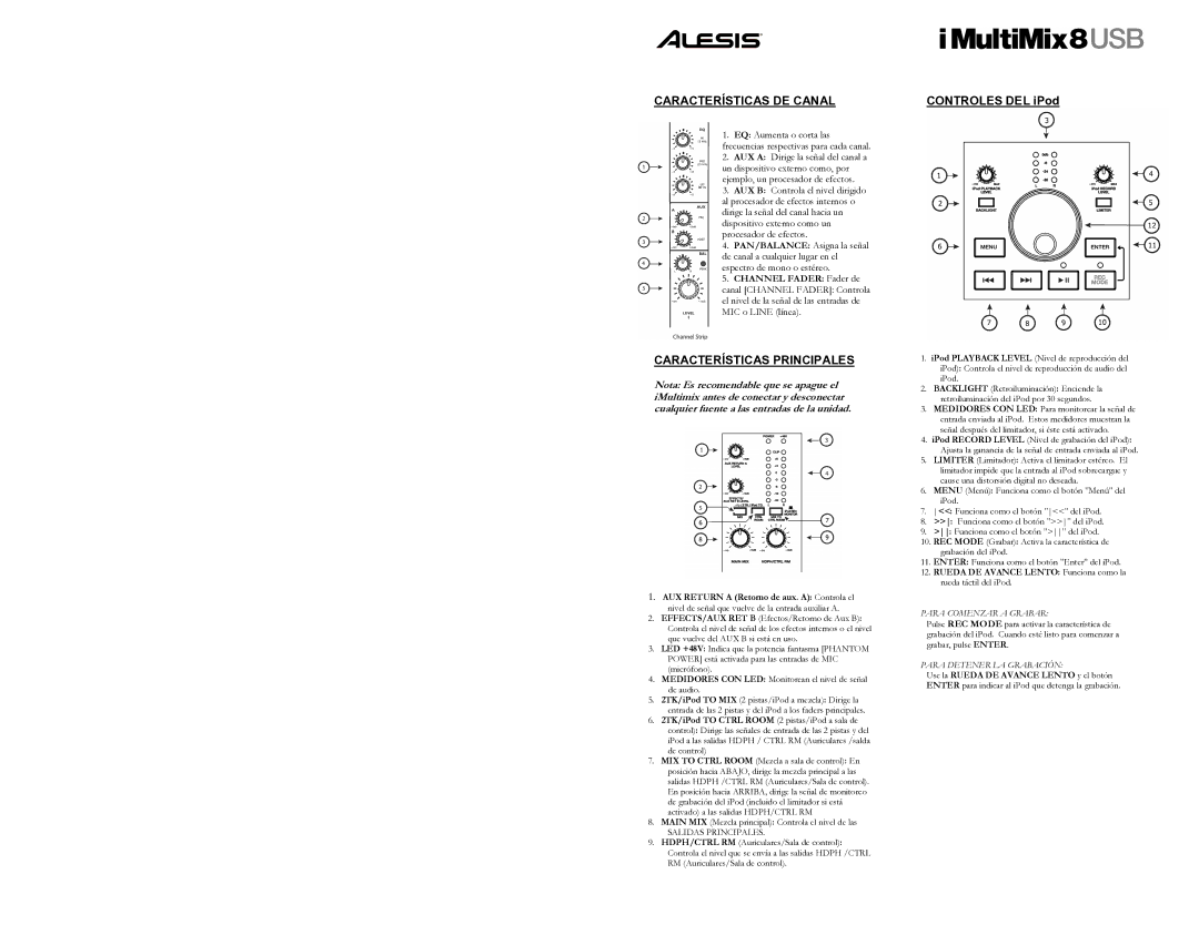 Alesis 8 quick start Características DE Canal, Características Principales, Controles DEL iPod 