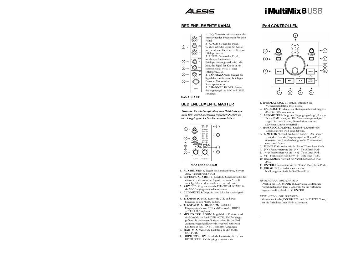 Alesis 8 quick start Eine Aufnahme Starten, Eine Aufnahme Beenden 