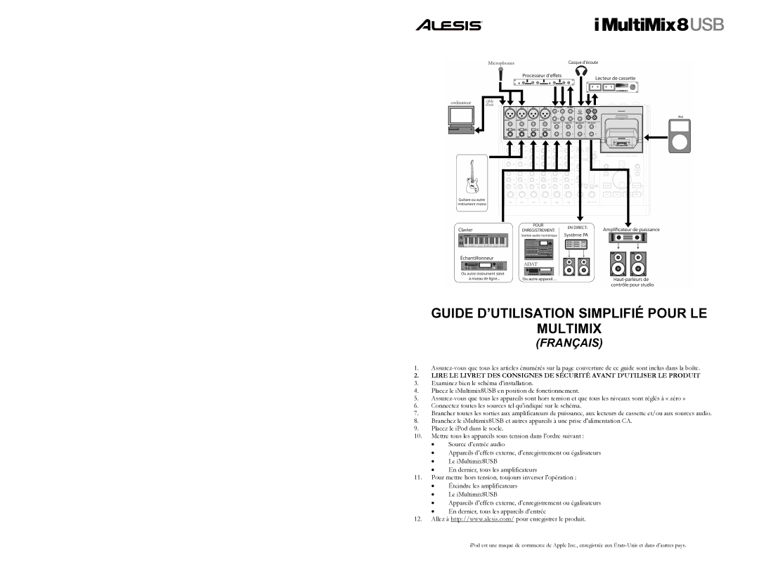 Alesis 8 quick start Guide D’UTILISATION Simplifié Pour LE Multimix, Français 