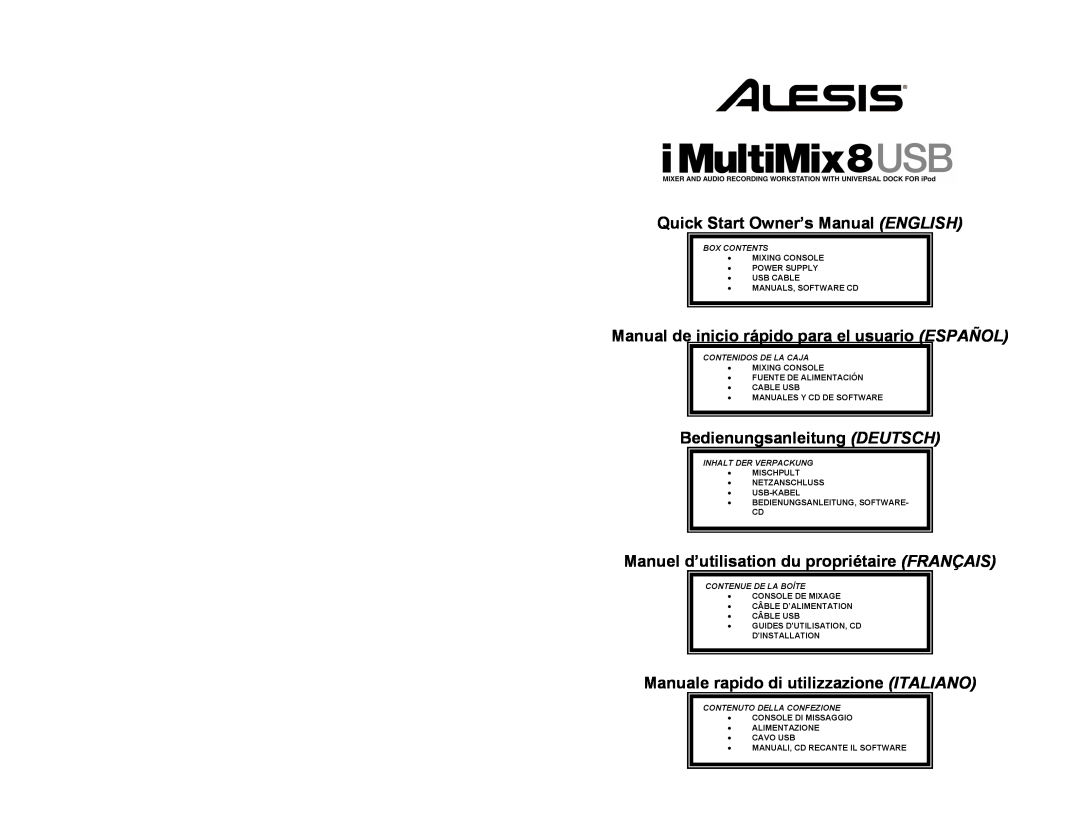 Alesis 8 quick start Manual de inicio rápido para el usuario ESPAÑOL, Bedienungsanleitung DEUTSCH, Box Contents 