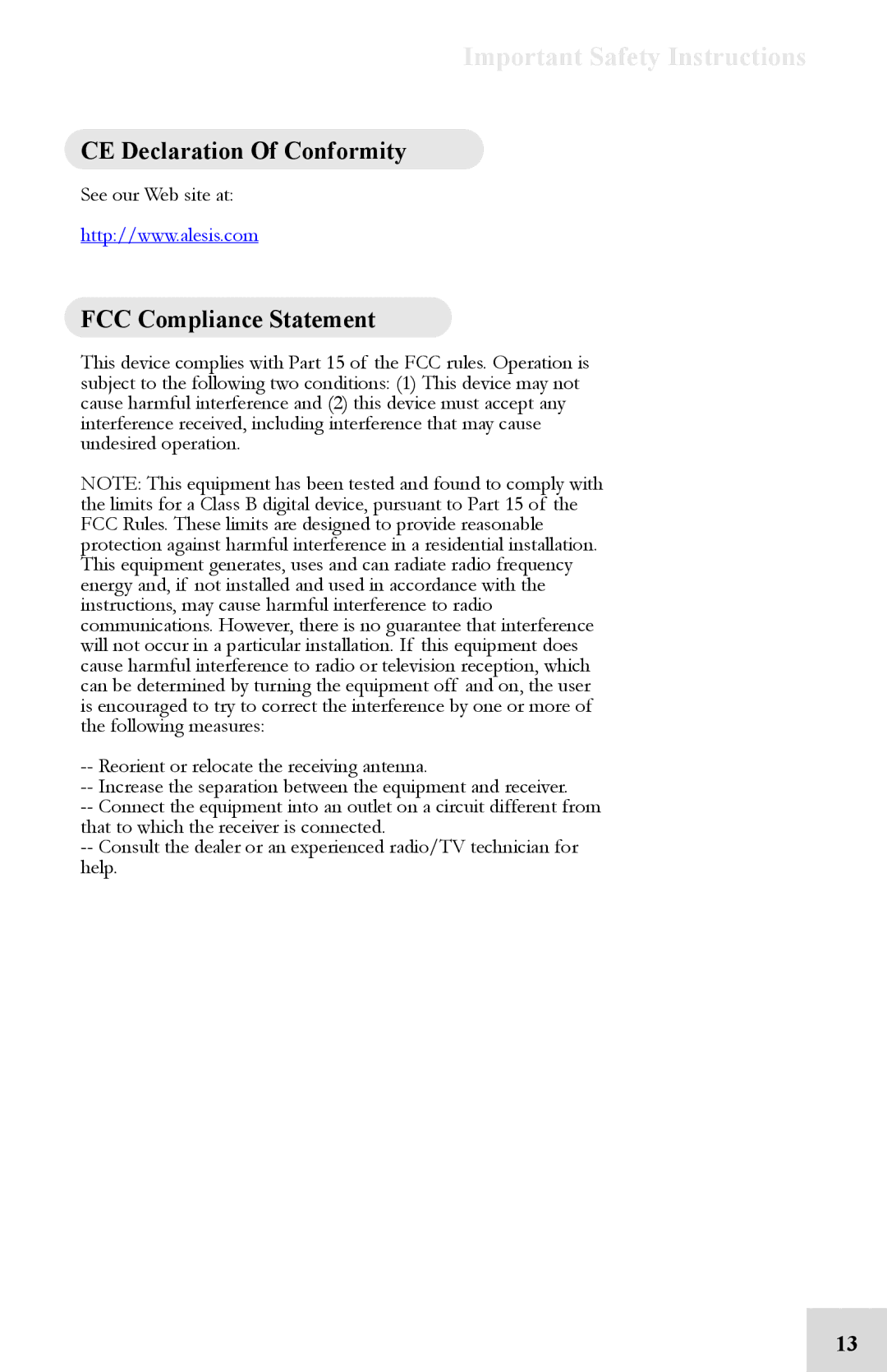 Alesis 8FX manual CE Declaration Of Conformity, FCC Compliance Statement 