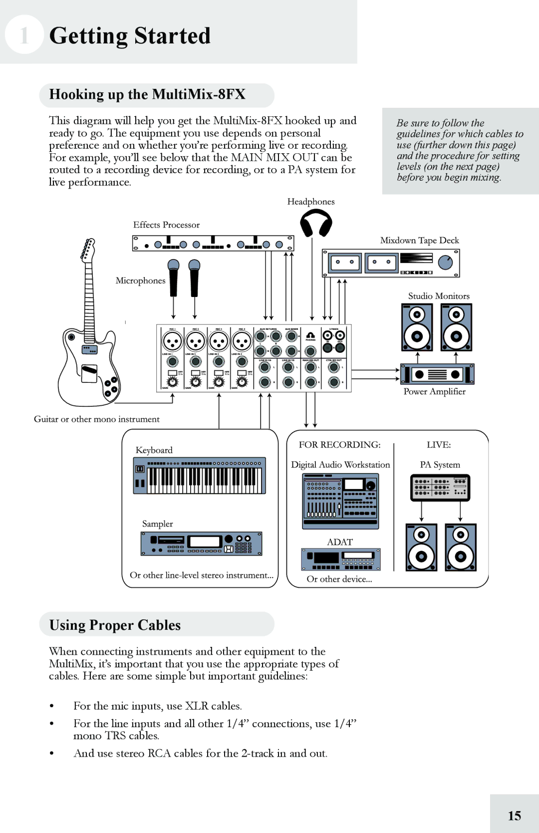 Alesis manual Getting Started, Hooking up the MultiMix-8FX, Using Proper Cables 