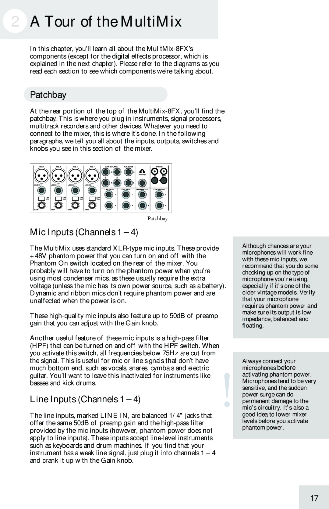 Alesis 8FX manual Tour of the MultiMix, Patchbay, Mic Inputs Channels 1, Line Inputs Channels 1 