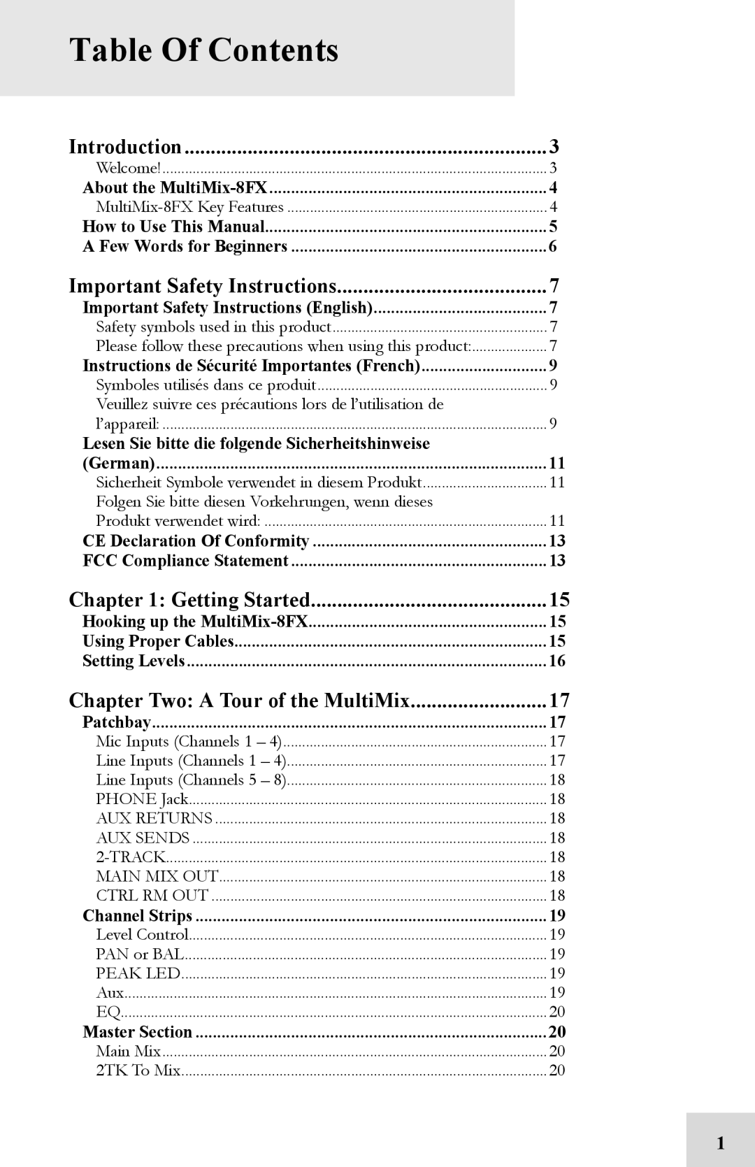 Alesis 8FX manual Table Of Contents 