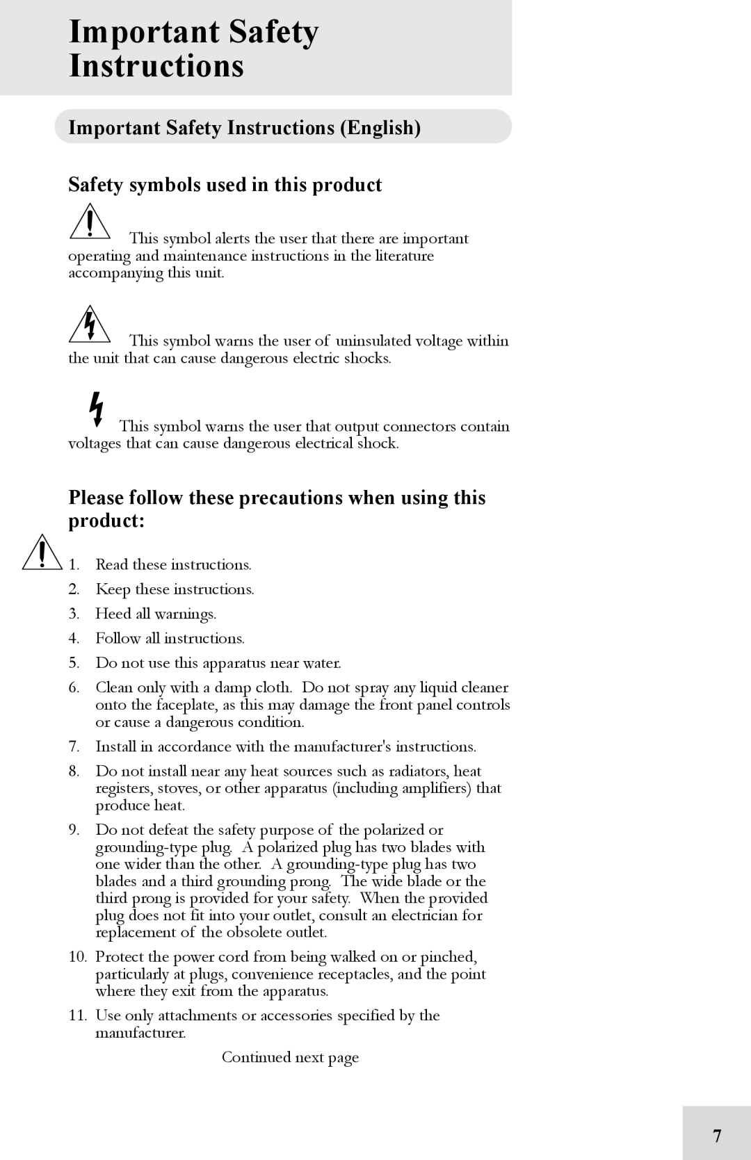 Alesis 8FX manual Important Safety Instructions, Please follow these precautions when using this product 