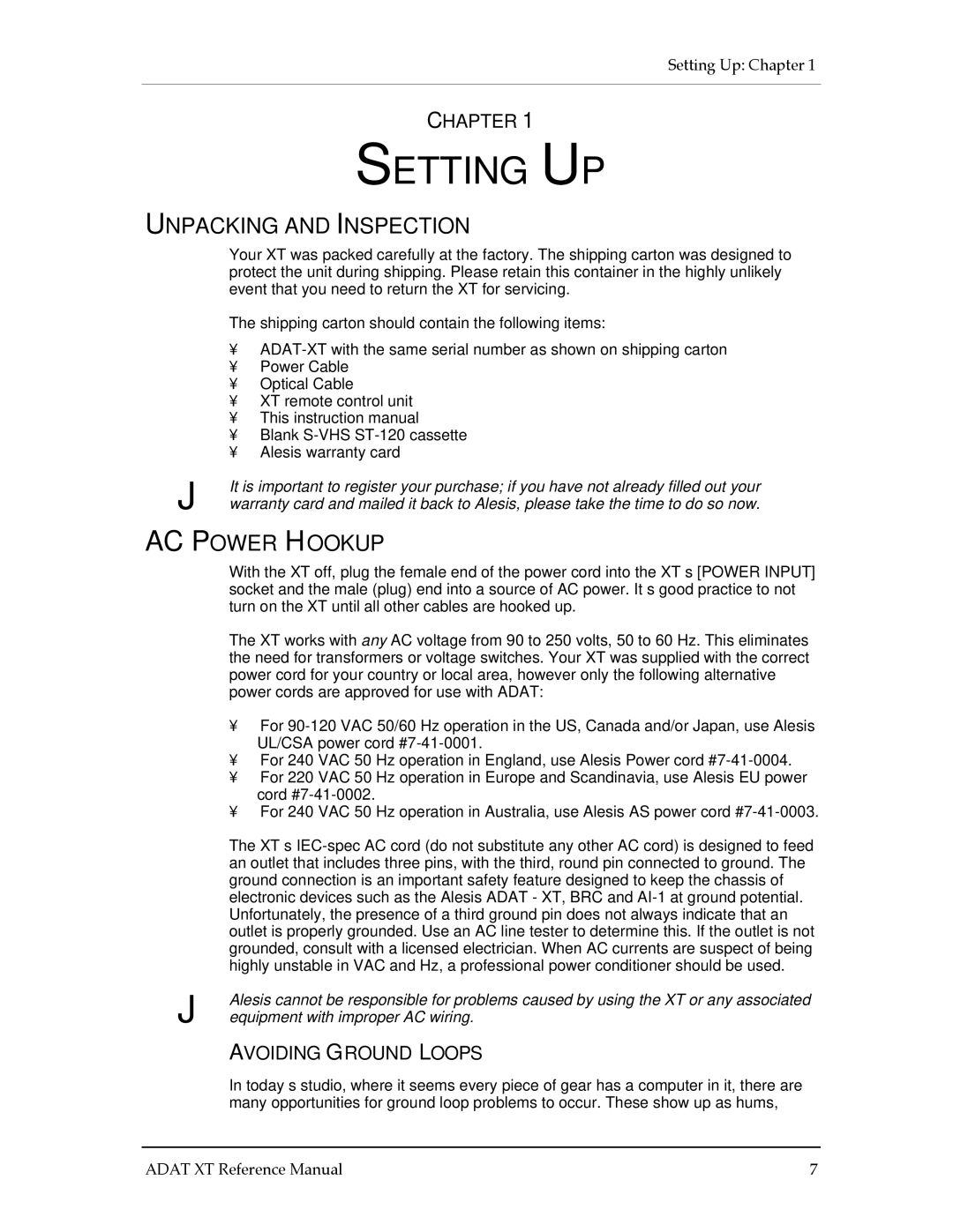 Alesis ADAT-XT manual Setting UP, Unpacking and Inspection, AC Power Hookup, Chapter, Avoiding Ground Loops 