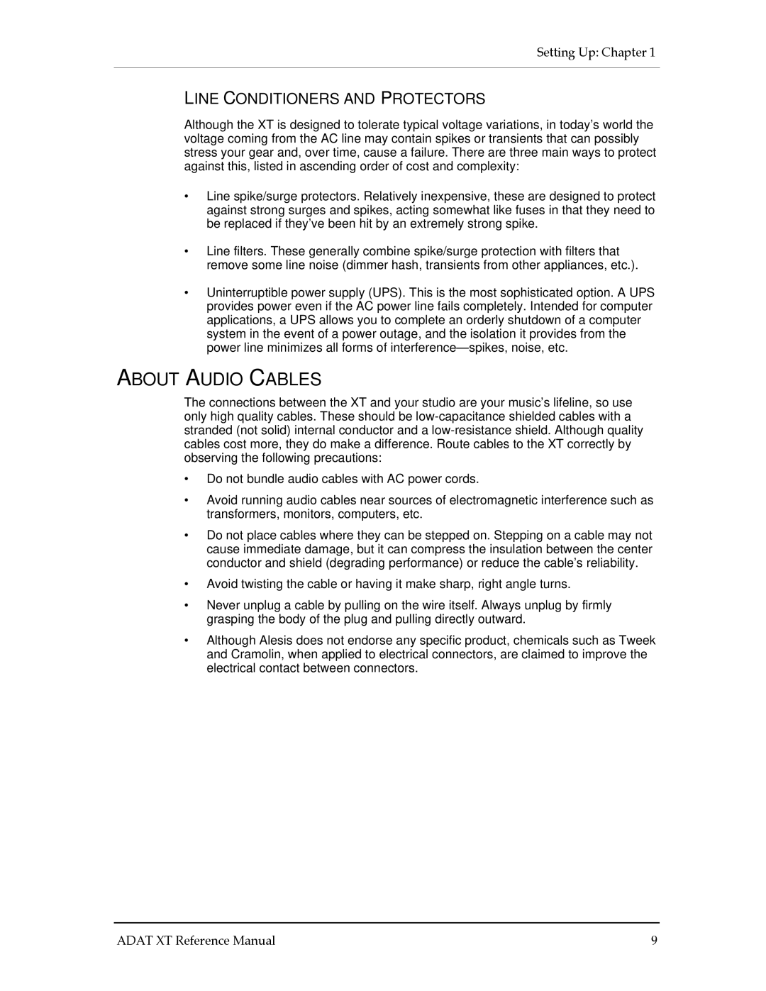 Alesis ADAT-XT manual About Audio Cables, Line Conditioners and Protectors 