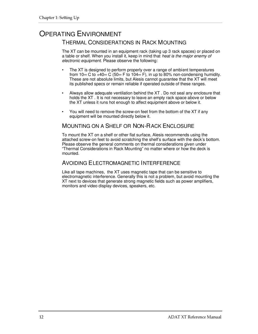 Alesis ADAT-XT Operating Environment, Thermal Considerations in Rack Mounting, Mounting on a Shelf or NON-RACK Enclosure 