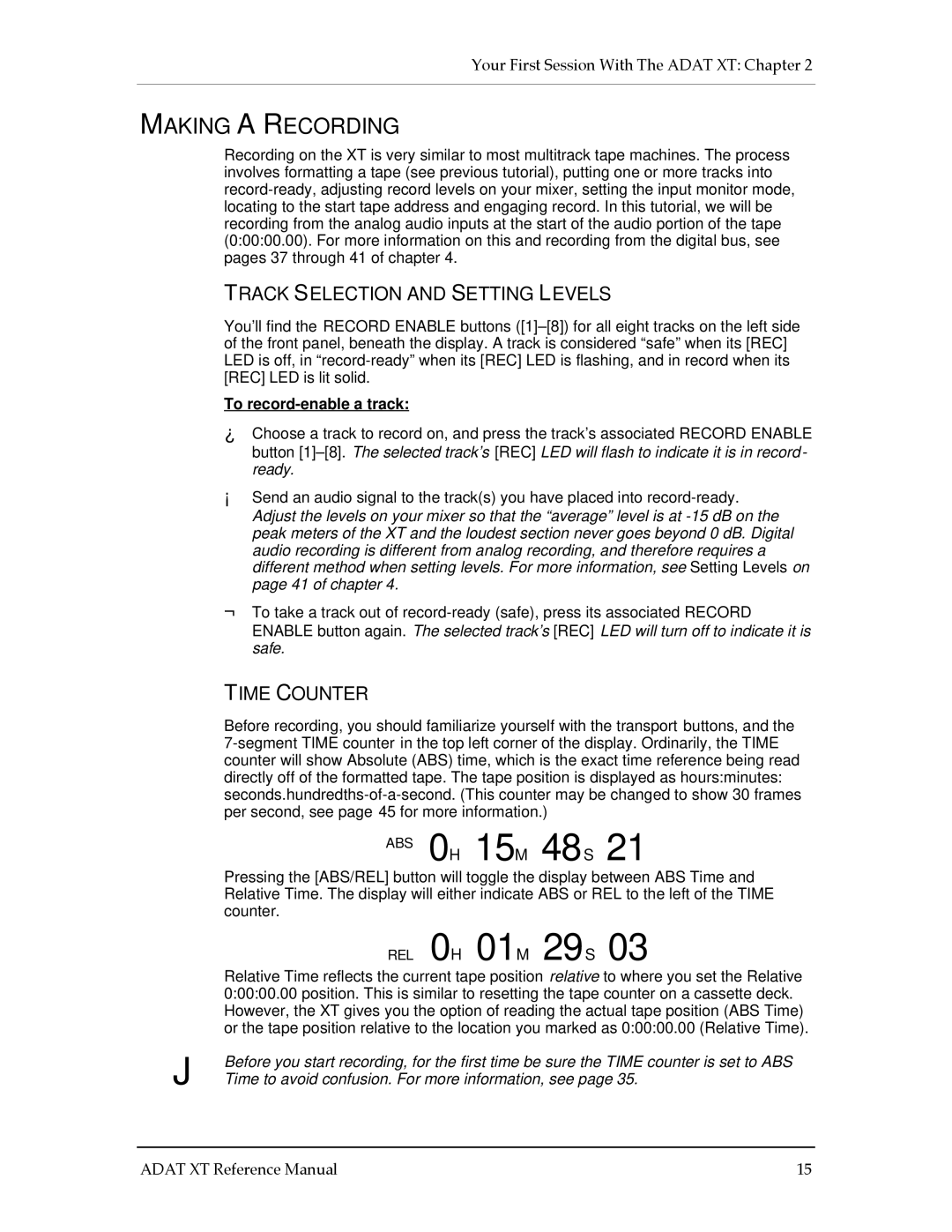 Alesis ADAT-XT manual REL 0H 01M 29S, Making a Recording, Track Selection and Setting Levels, Time Counter 