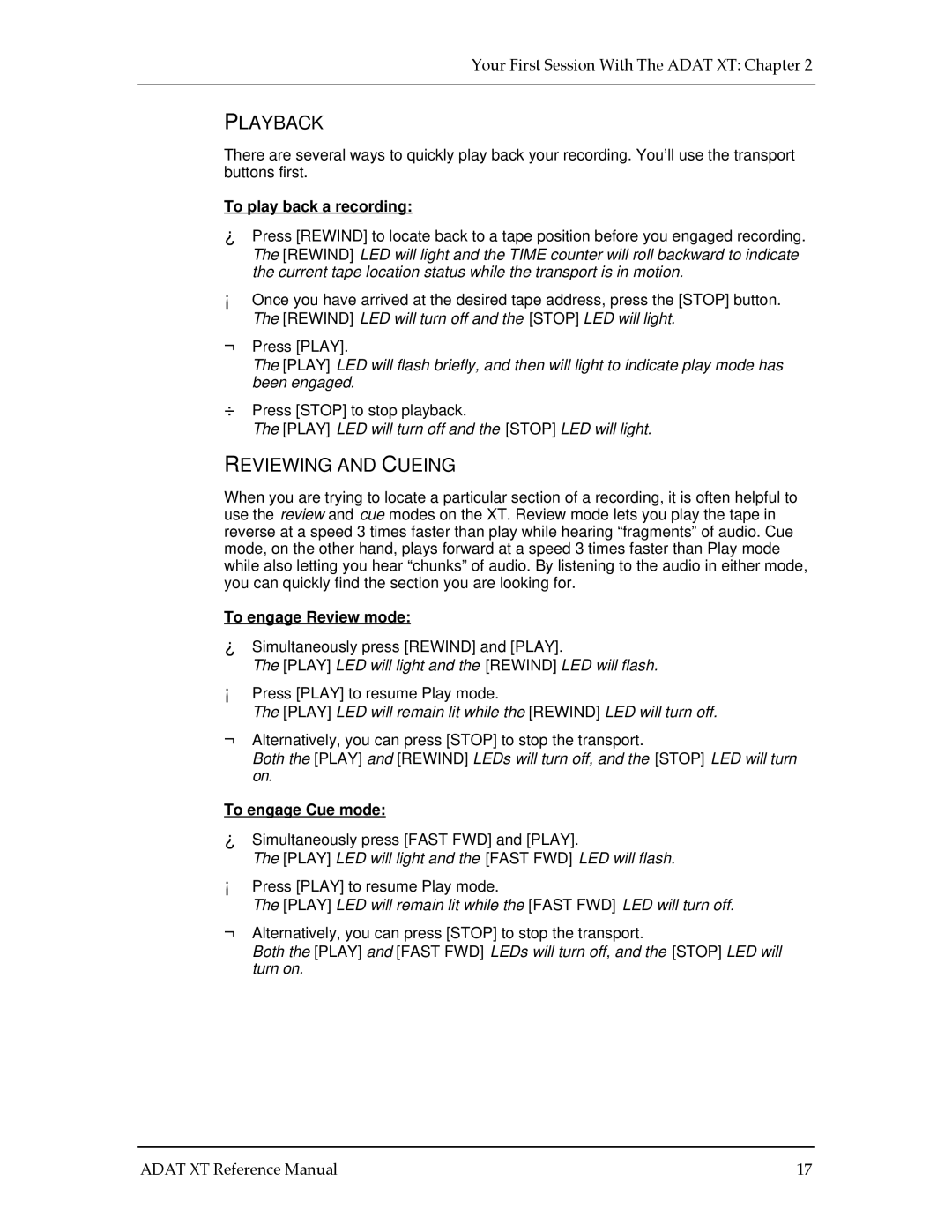 Alesis ADAT-XT manual Playback, Reviewing and Cueing, To play back a recording, To engage Review mode, To engage Cue mode 