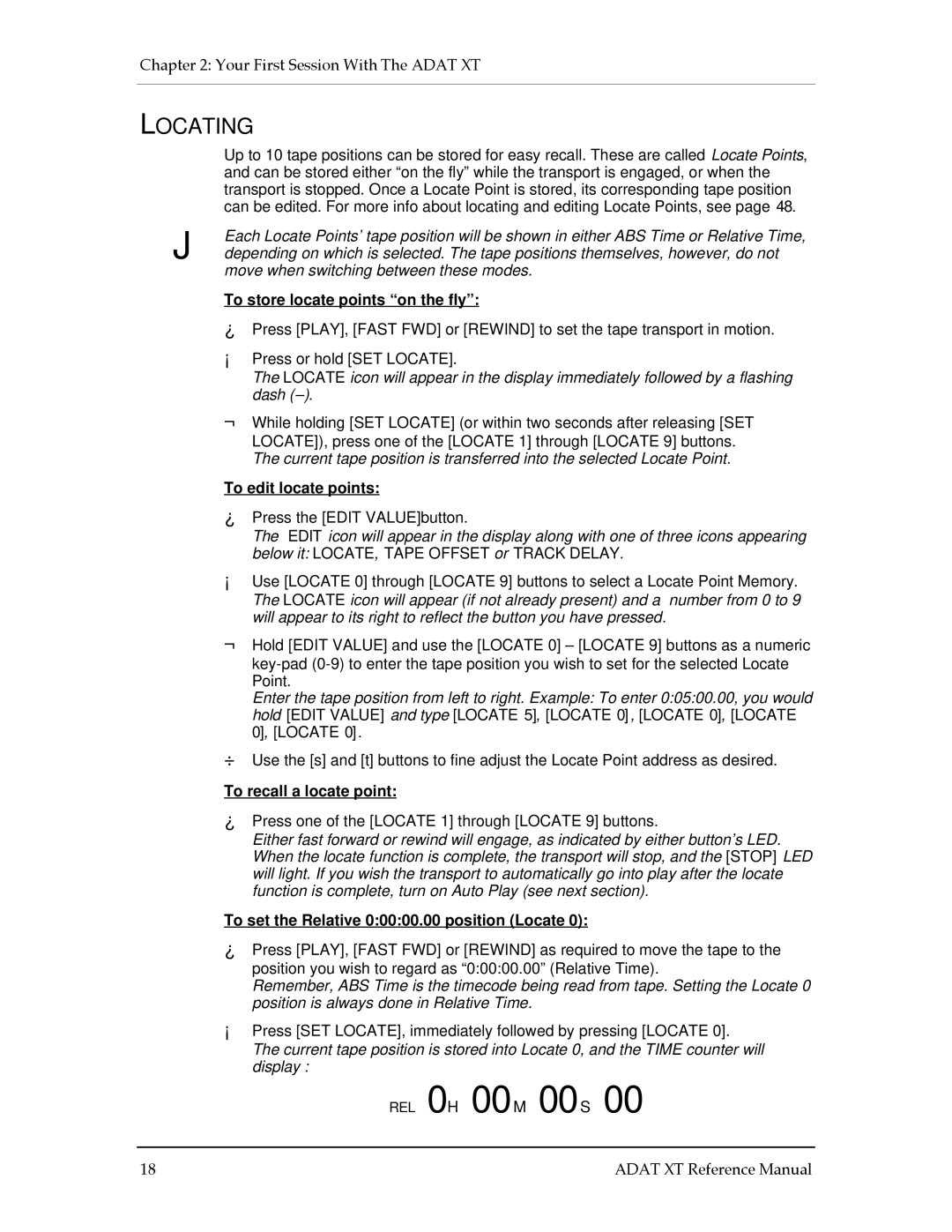 Alesis ADAT-XT manual REL 0H 00M 00S, Locating 