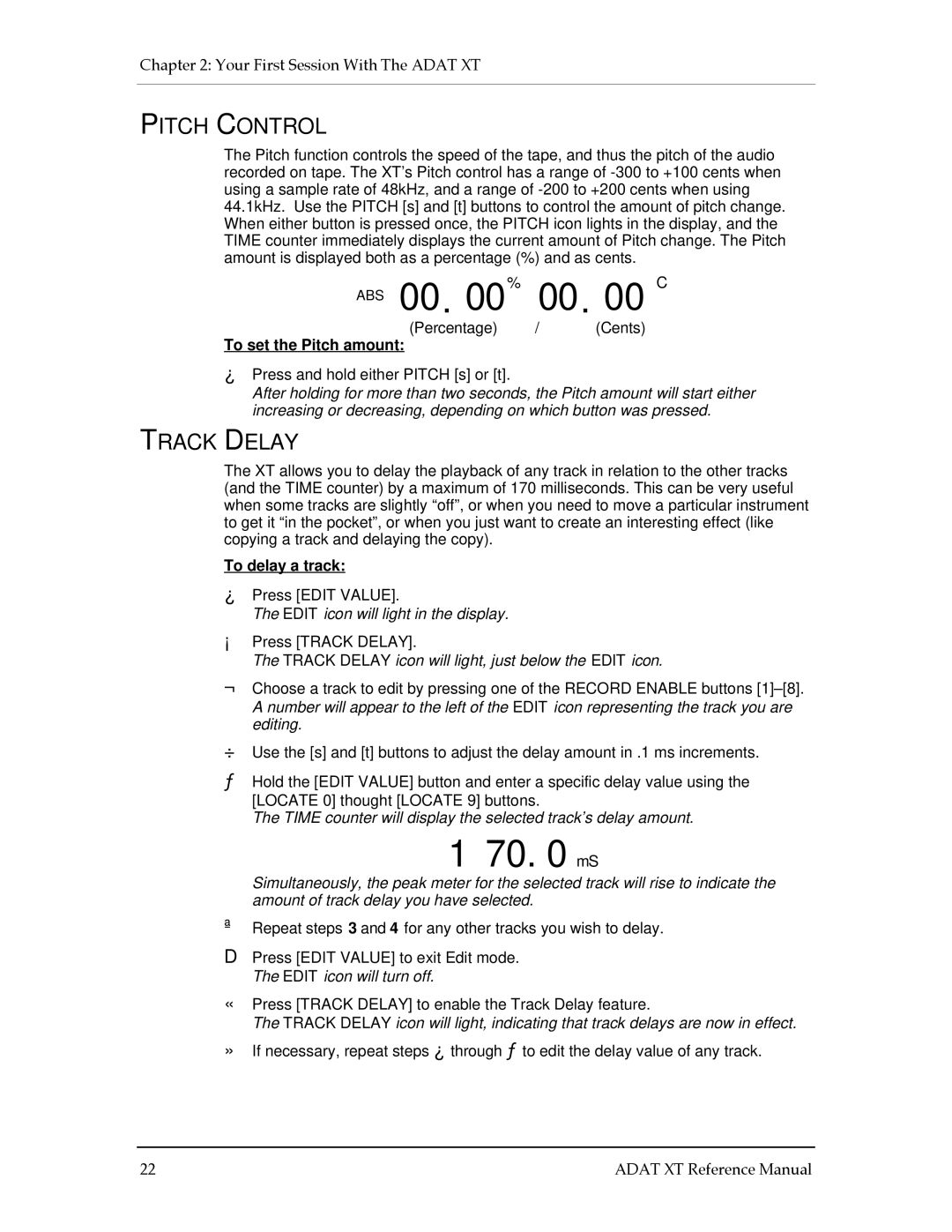 Alesis ADAT-XT manual ABS 00 % 00 C, 70 mS, Pitch Control, Track Delay 
