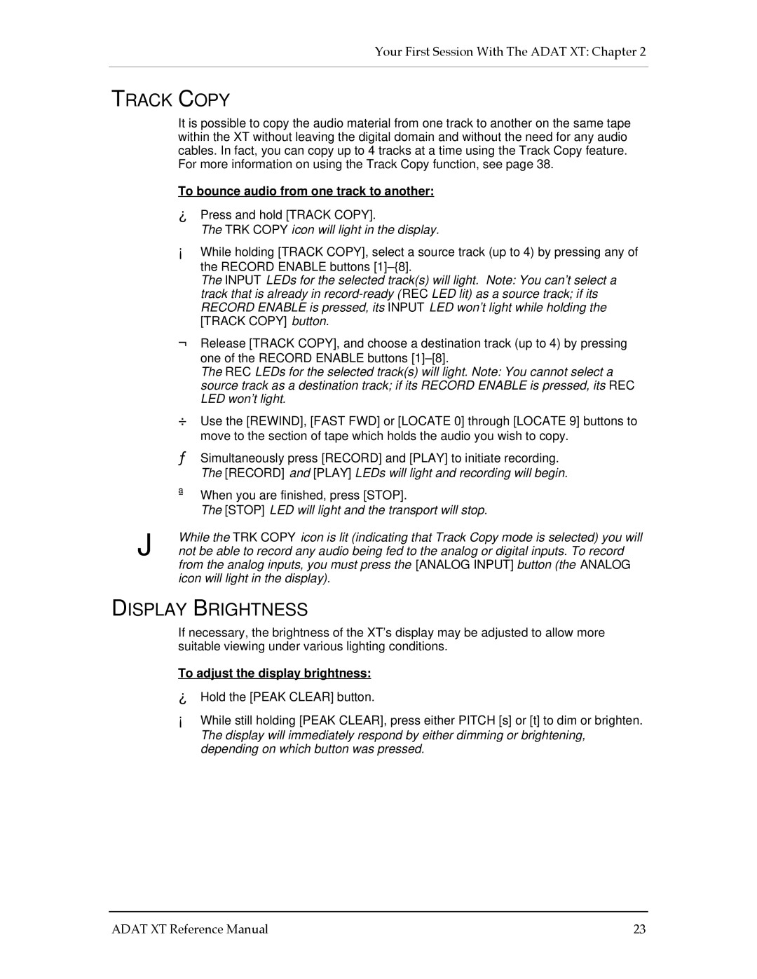Alesis ADAT-XT Track Copy, Display Brightness, To bounce audio from one track to another, To adjust the display brightness 
