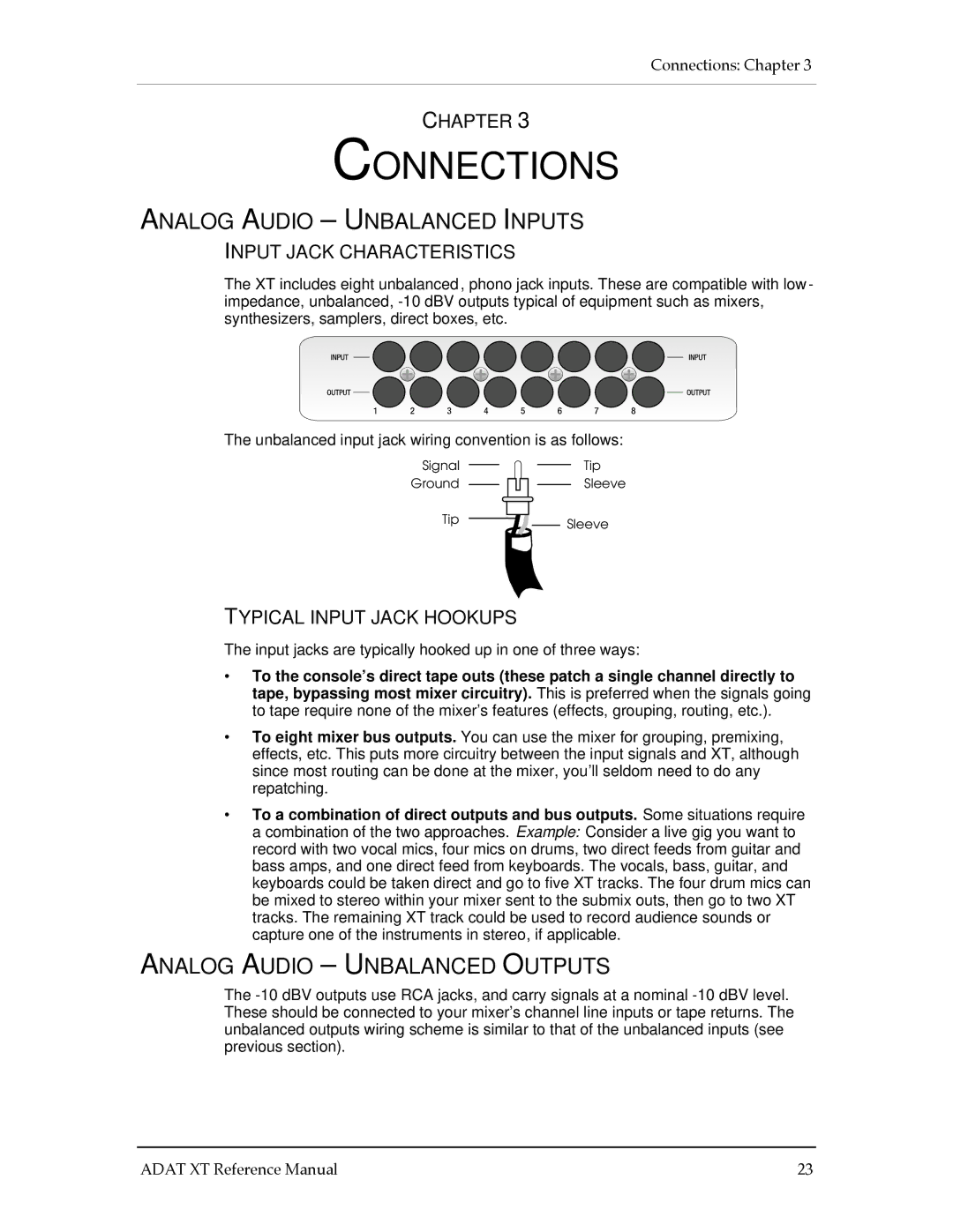 Alesis ADAT-XT Connections, Analog Audio Unbalanced Inputs, Analog Audio Unbalanced Outputs, Input Jack Characteristics 