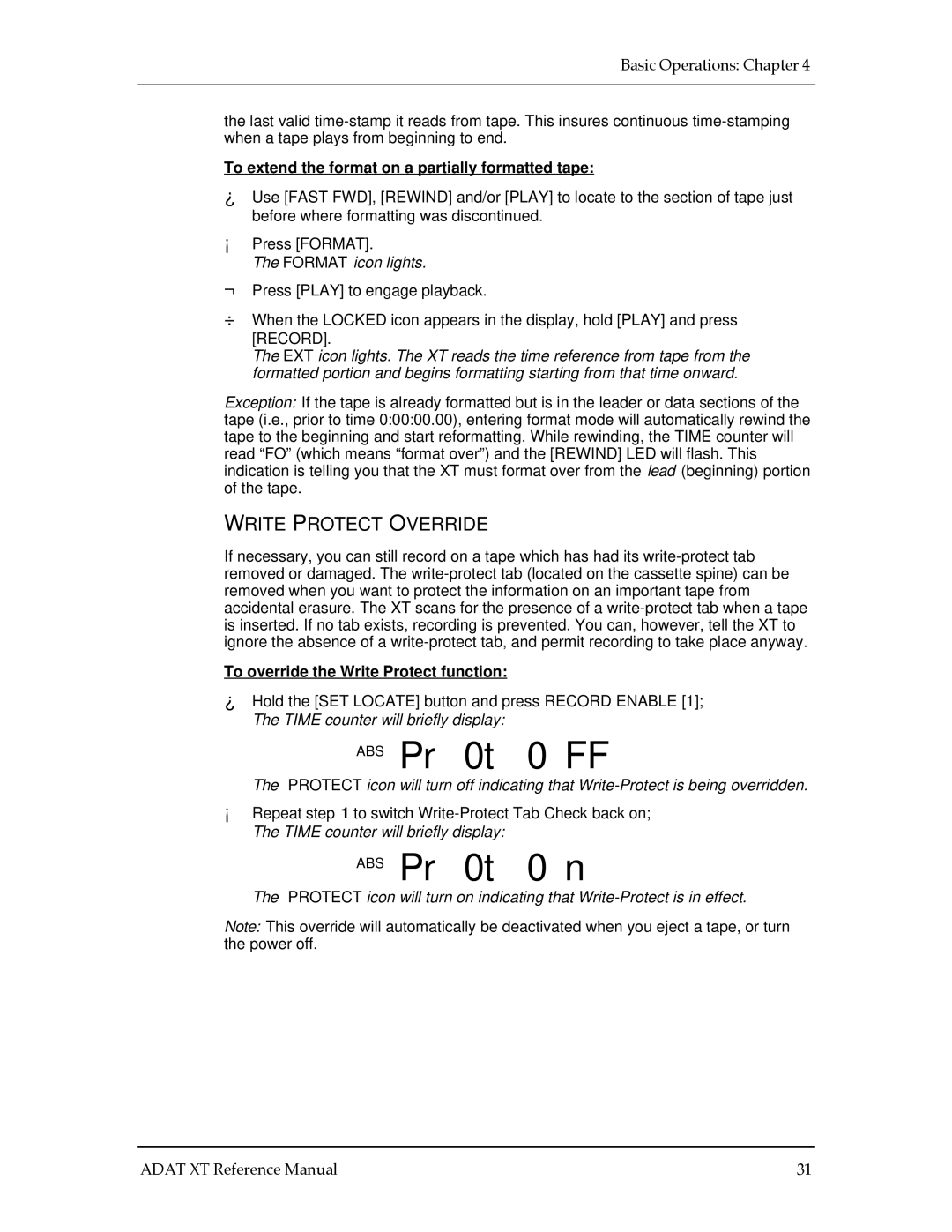 Alesis ADAT-XT ABS Pr 0t 0 FF, ABS Pr 0t 0 n, Write Protect Override, To extend the format on a partially formatted tape 