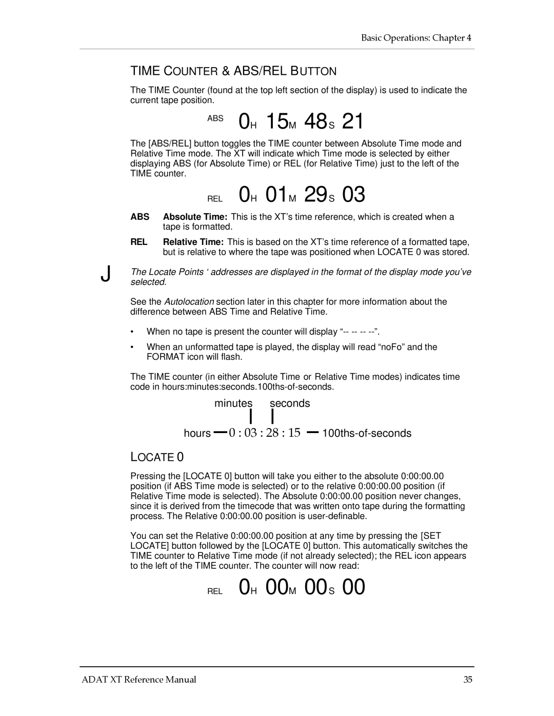 Alesis ADAT-XT manual 01M 29S, Time Counter & ABS/REL Button, Locate, Selected 