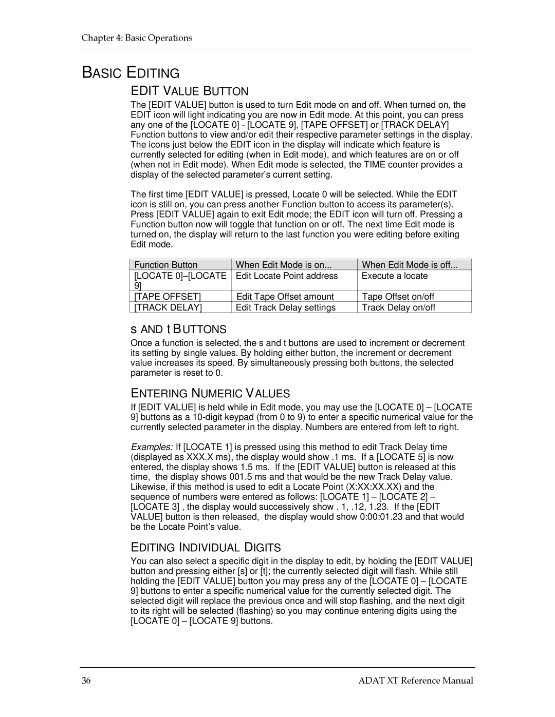 Alesis ADAT-XT manual Basic Editing, Edit Value Button, Entering Numeric Values, Editing Individual Digits 