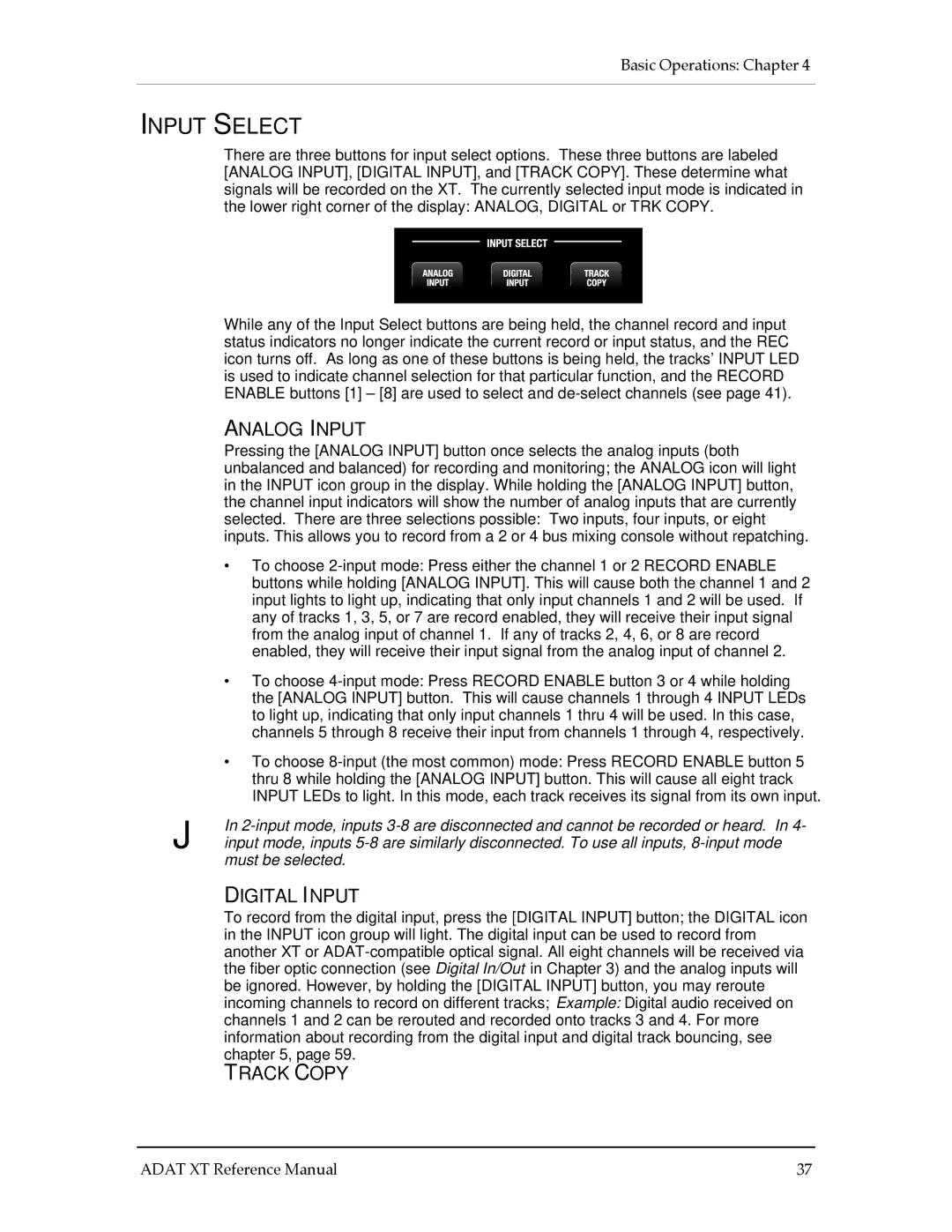 Alesis ADAT-XT manual Input Select, Analog Input, Digital Input, Track Copy, Must be selected 