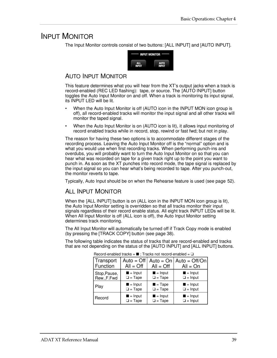Alesis ADAT-XT manual Auto Input Monitor, ALL Input Monitor 