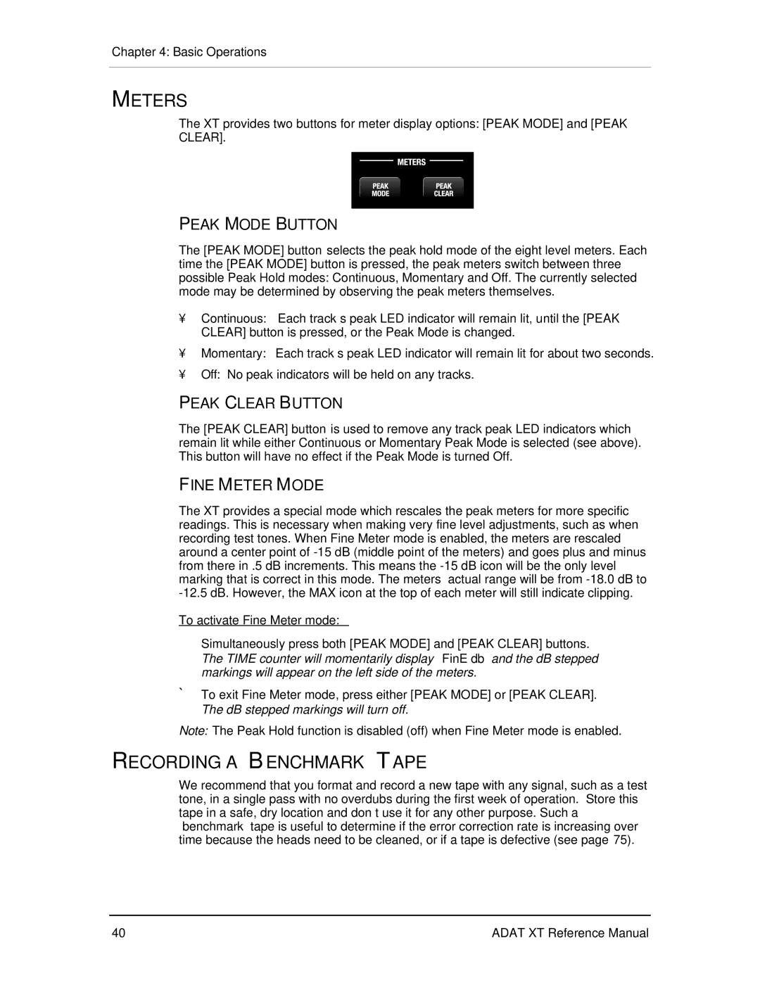Alesis ADAT-XT manual Meters, Recording a Benchmark T APE, Peak Mode Button, Peak Clear Button, Fine Meter Mode 
