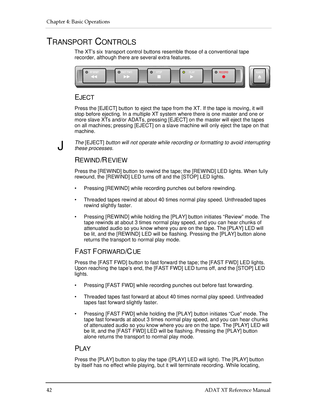 Alesis ADAT-XT manual Transport Controls, Eject, Rewind /REVIEW, Fast Forward /CUE, Play 