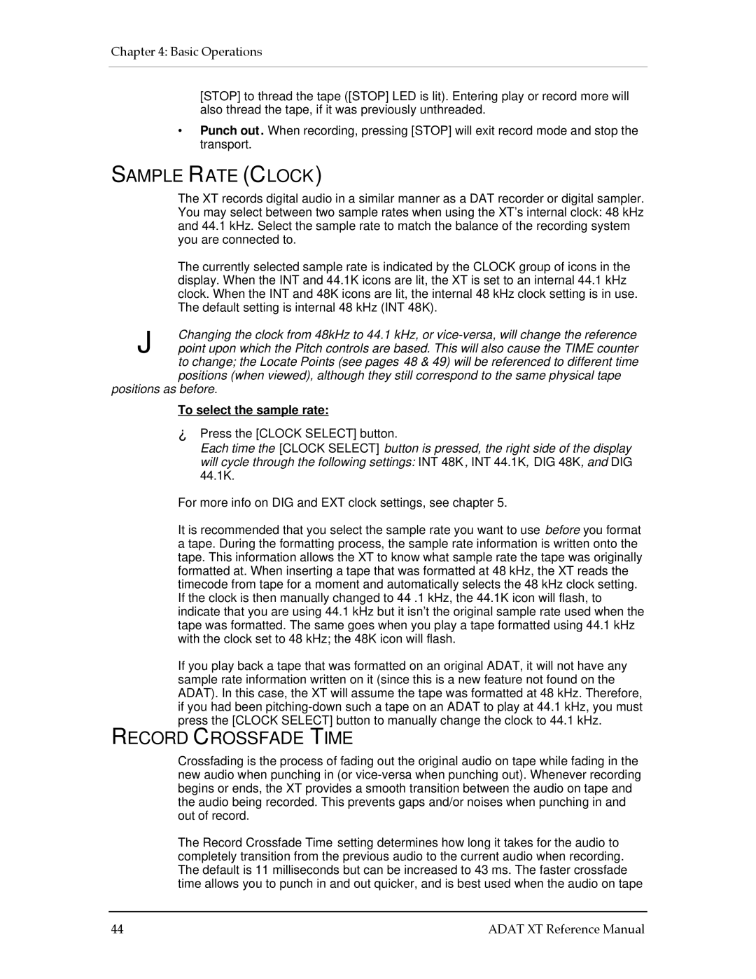 Alesis ADAT-XT manual Sample Rate Clock, Record Crossfade Time, Positions as before, To select the sample rate 