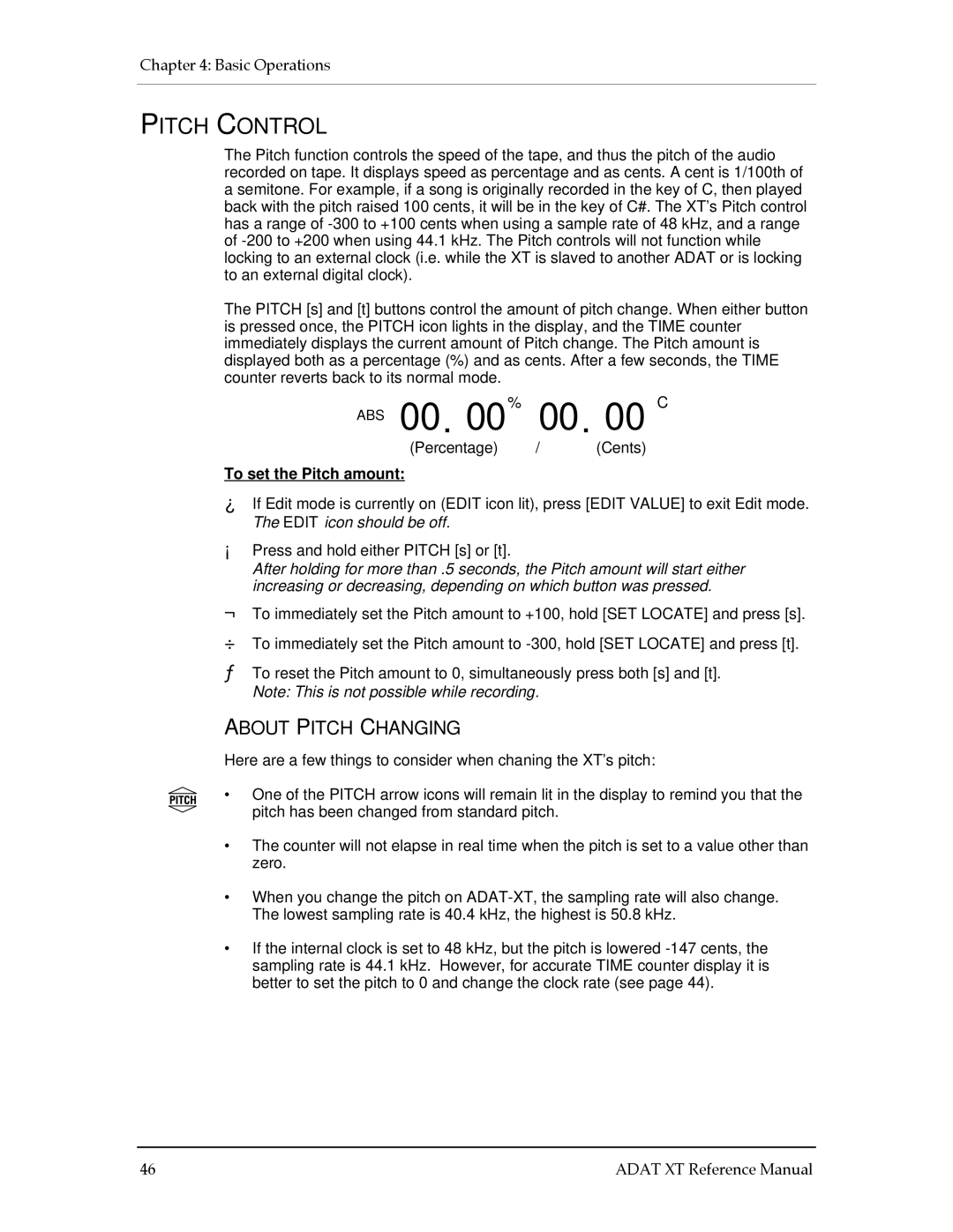 Alesis ADAT-XT manual Pitch Control, About Pitch Changing 