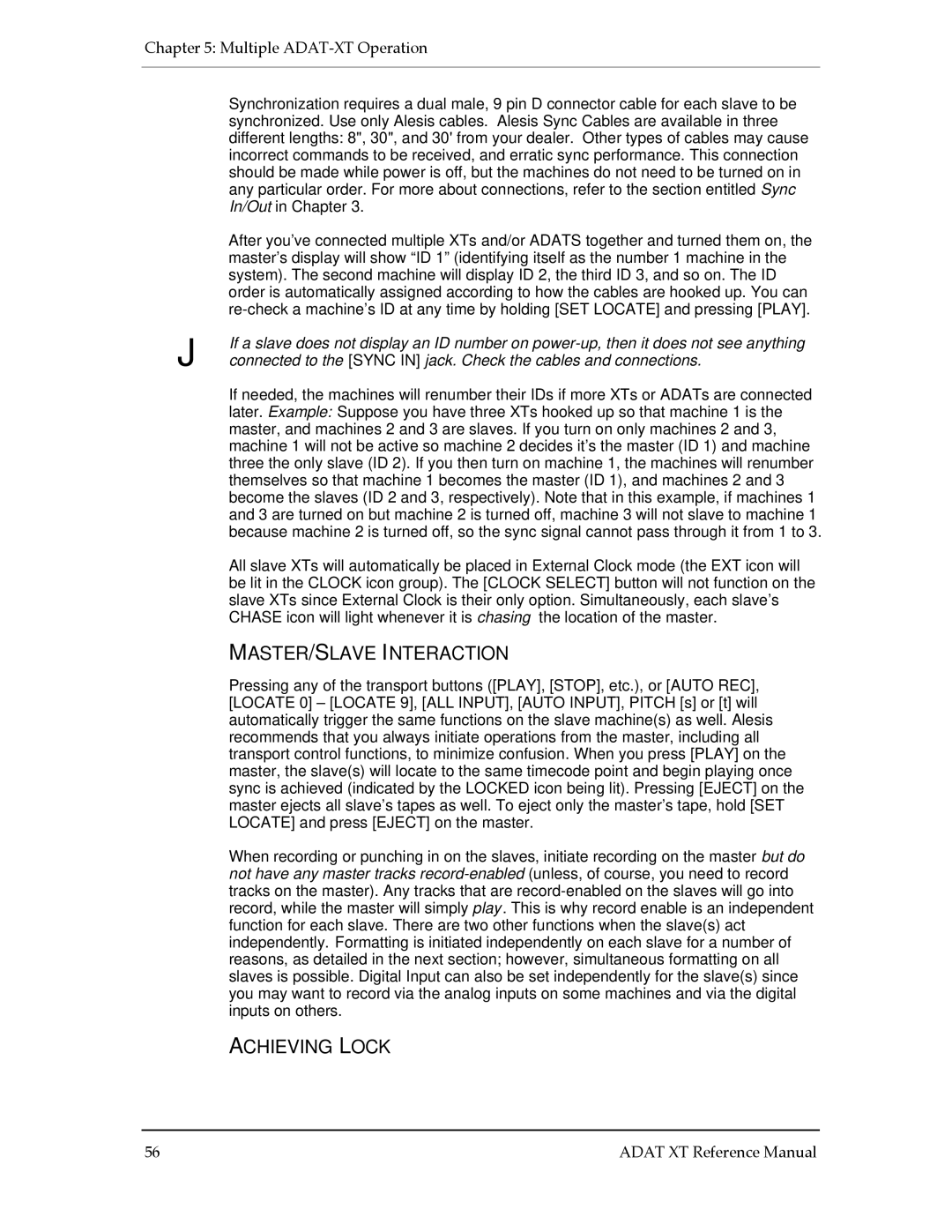 Alesis ADAT-XT manual Master /SLAVE Interaction, Achieving Lock 