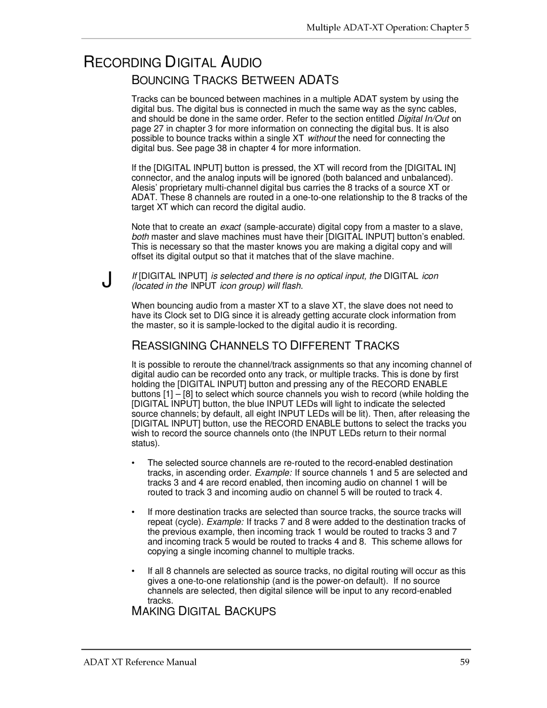 Alesis ADAT-XT manual Recording Digital Audio, Bouncing Tracks Between Adats, Reassigning Channels to Different Tracks 