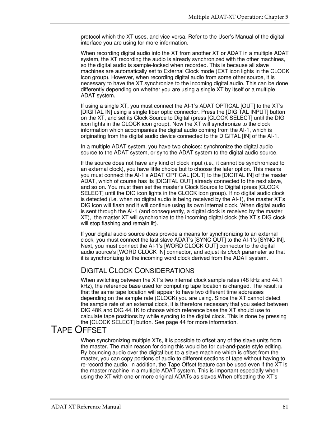 Alesis ADAT-XT manual Tape Offset, Digital Clock Considerations 