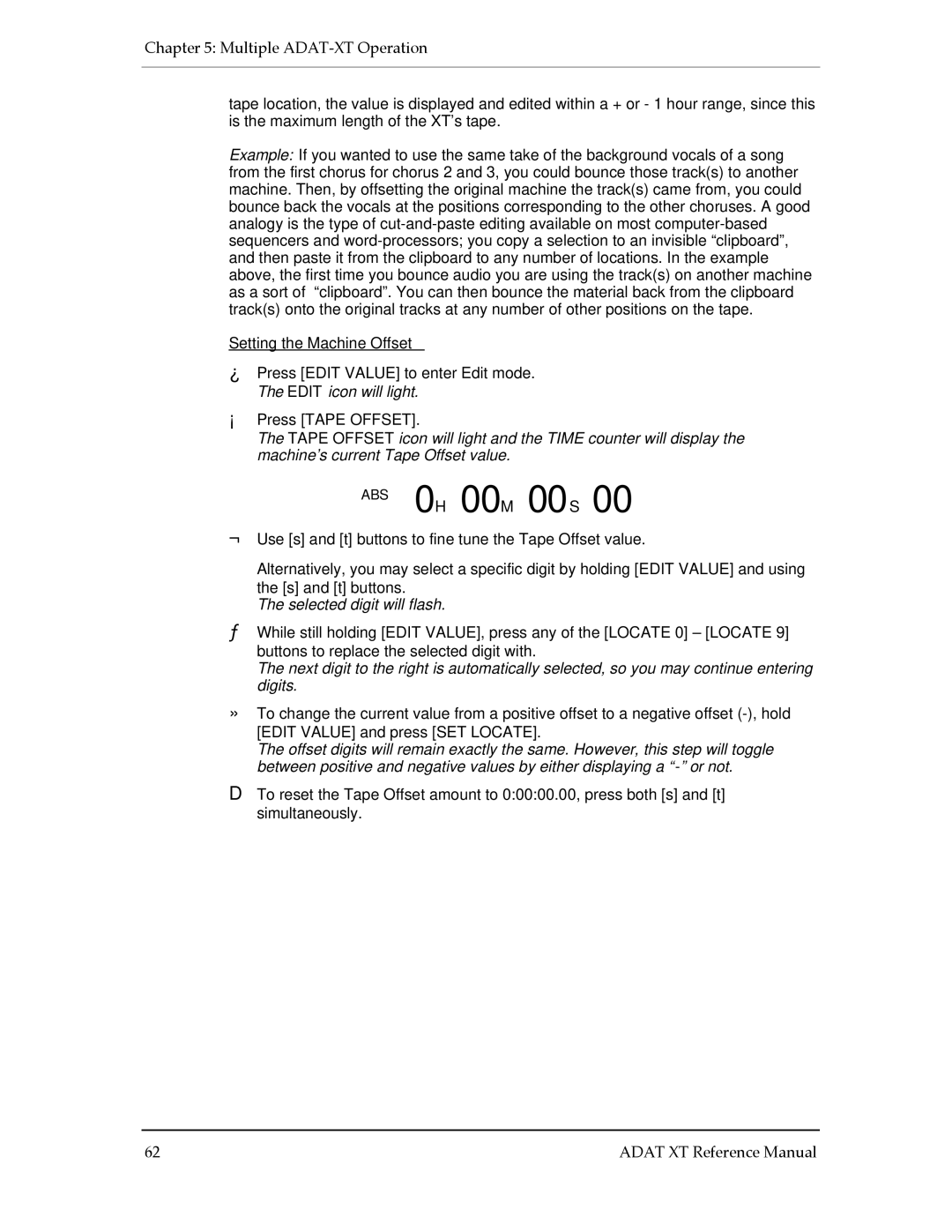 Alesis ADAT-XT manual ABS 0H 00M 00S, Setting the Machine Offset 